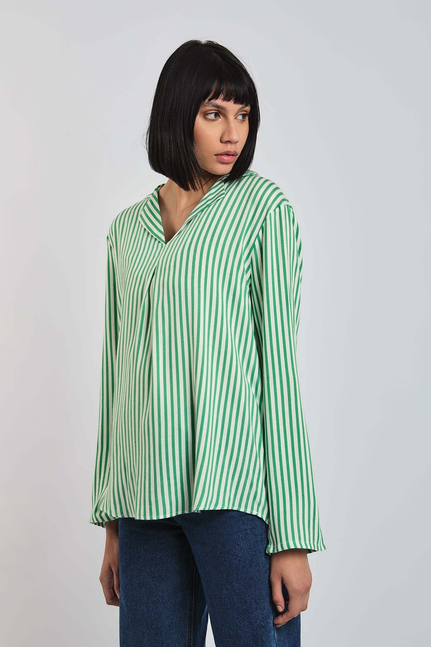 Women Blouse Long Sleeve Striped Viscose Green