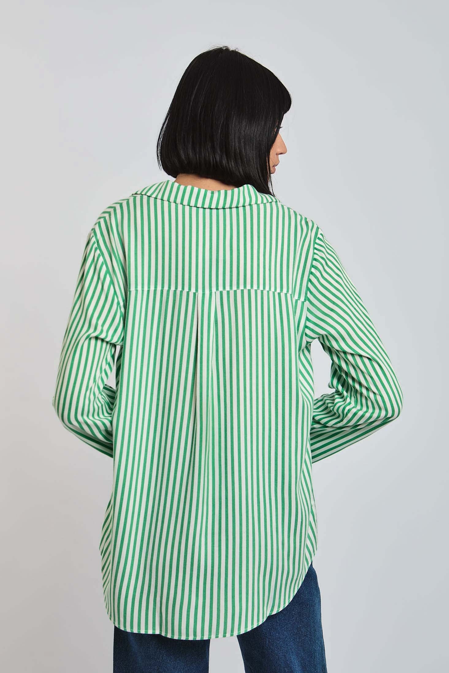 Women Blouse Long Sleeve Striped Viscose Green