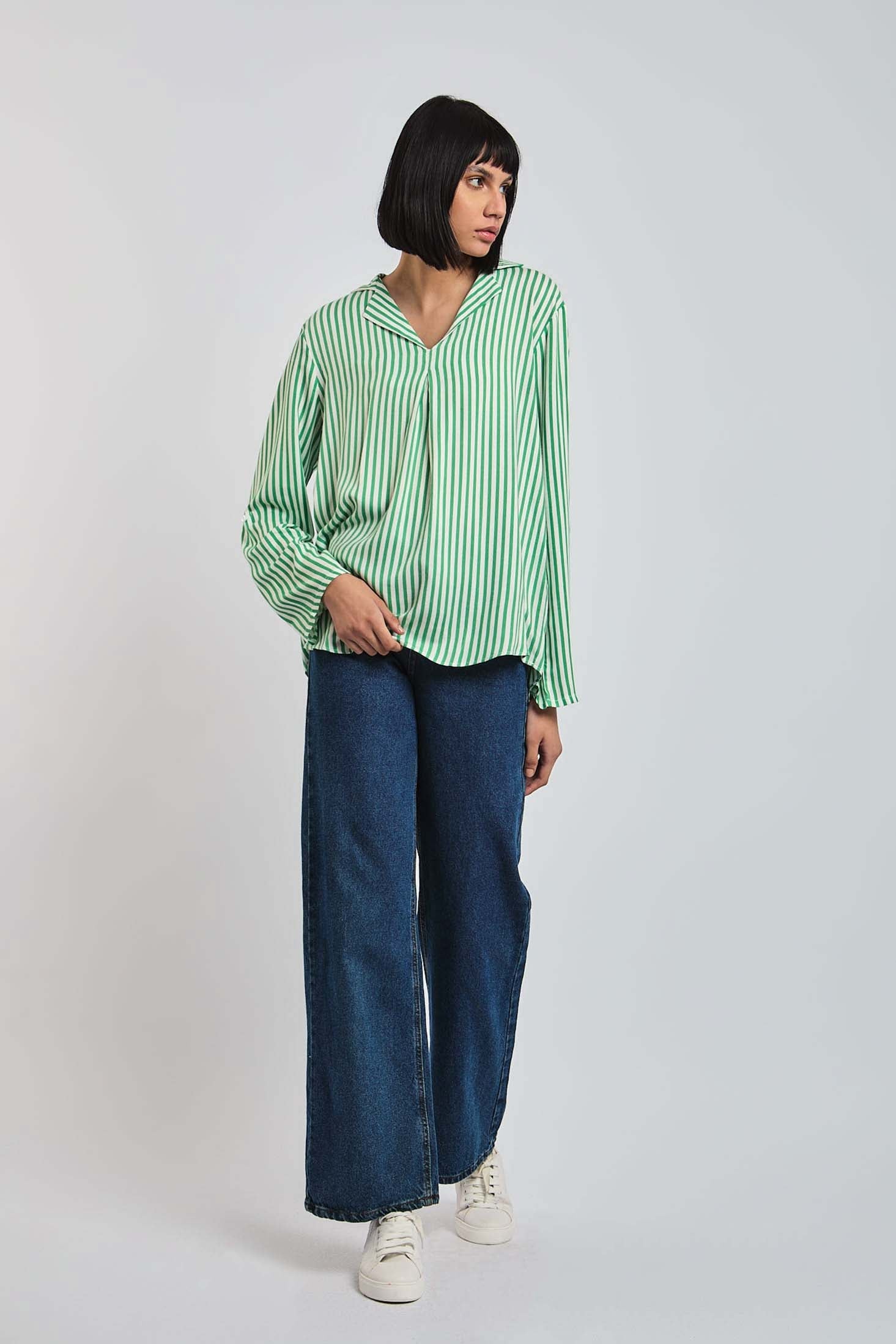 Women Blouse Long Sleeve Striped Viscose Green