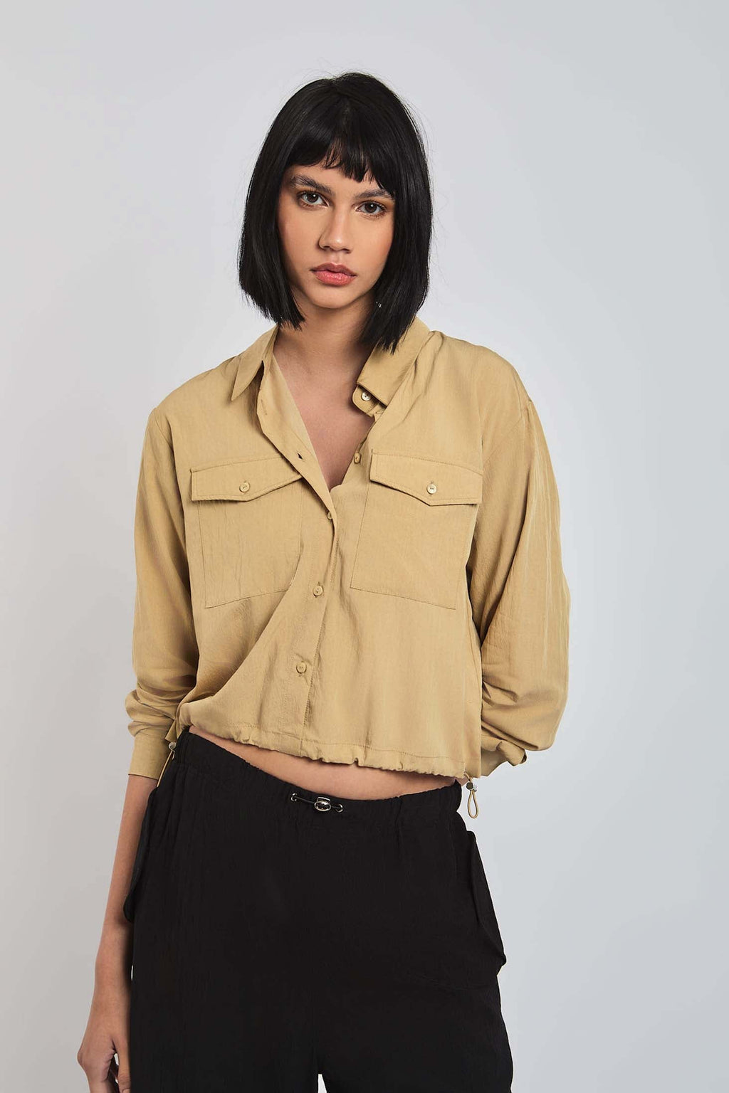 Women Blouse Cotton Cropped Brown