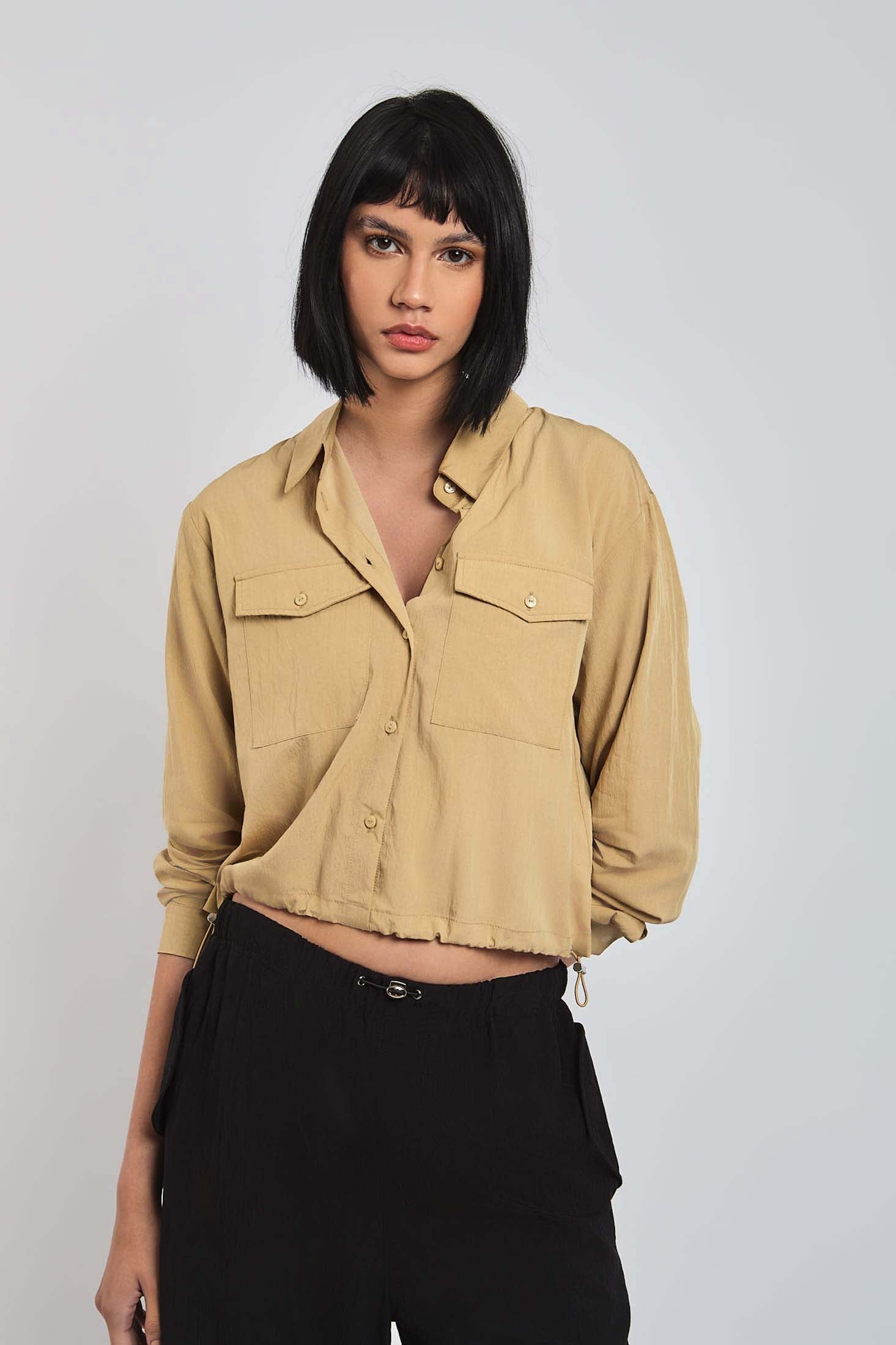 Women Blouse Cotton Cropped Brown