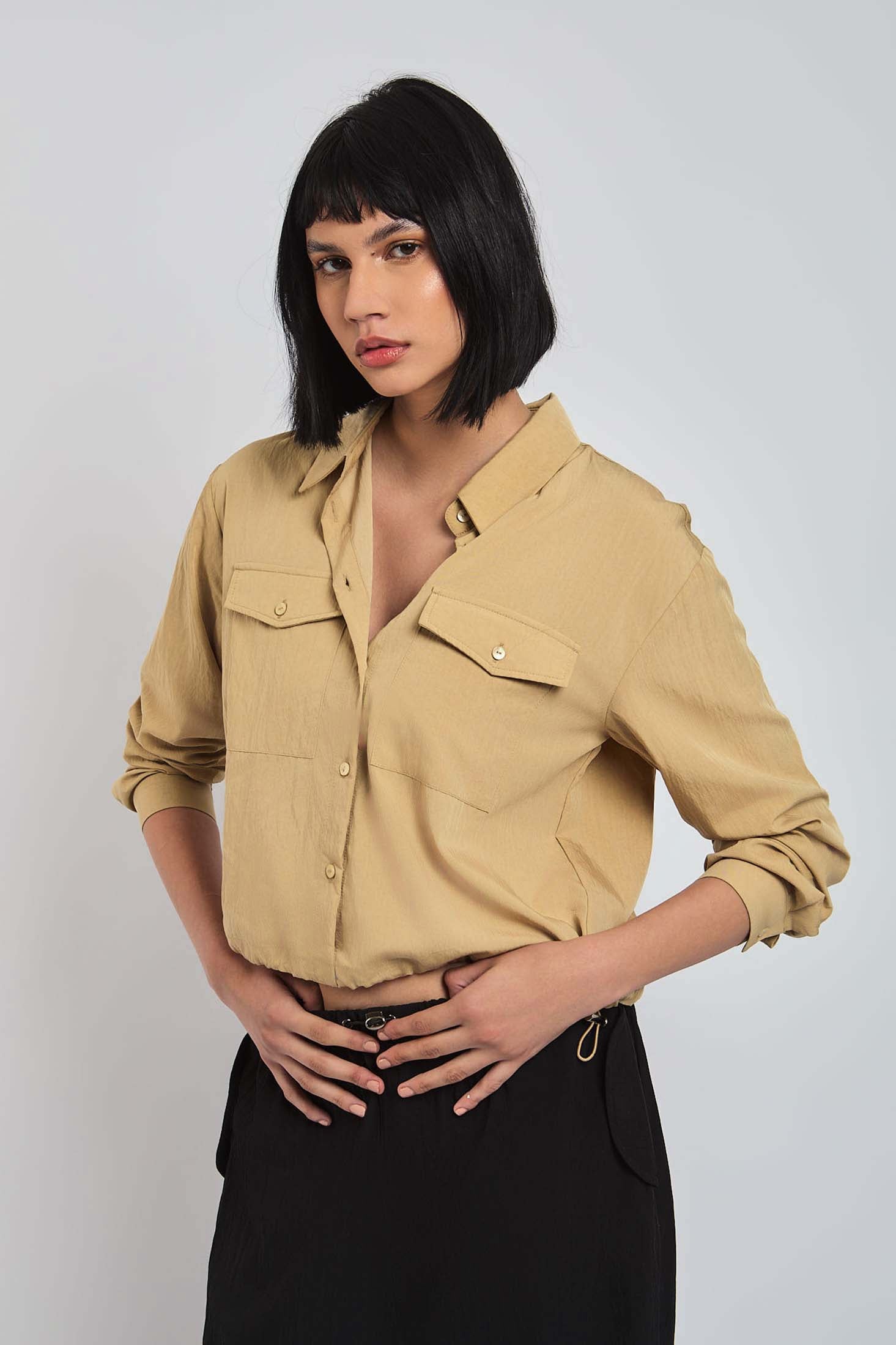 Women Blouse Cotton Cropped Brown
