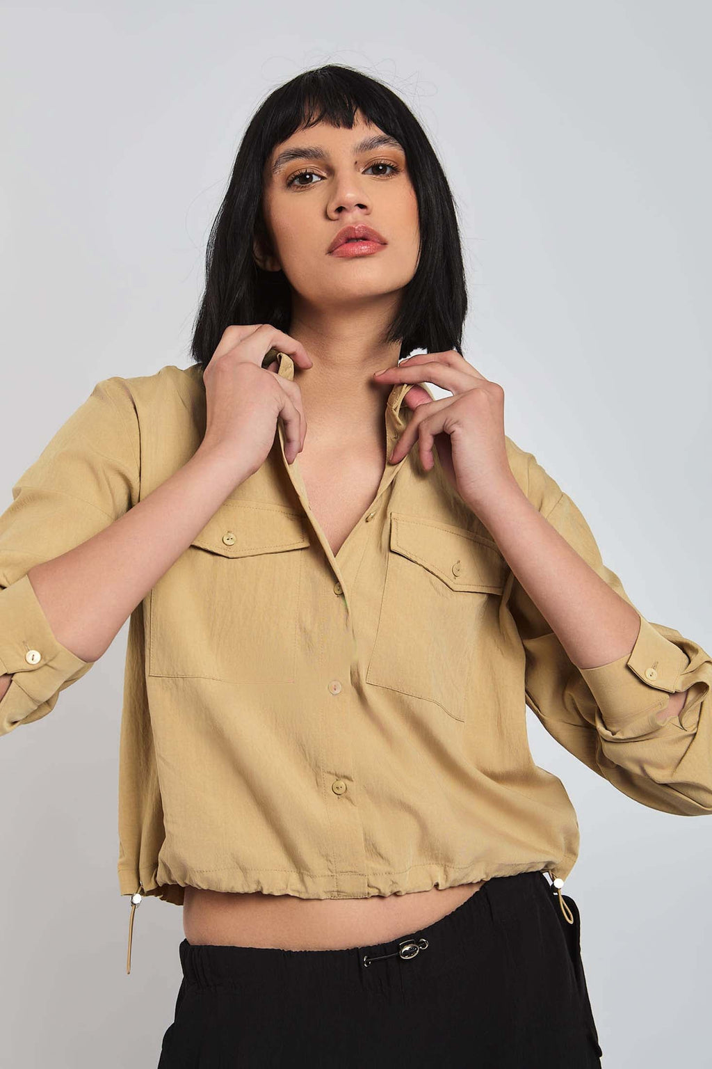 Women Blouse Cotton Cropped Brown
