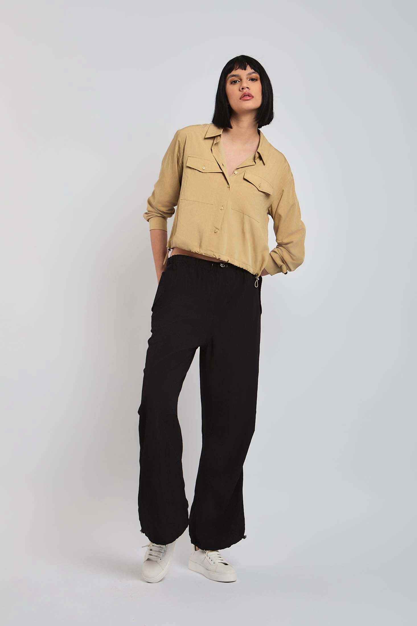 Women Blouse Cotton Cropped Brown