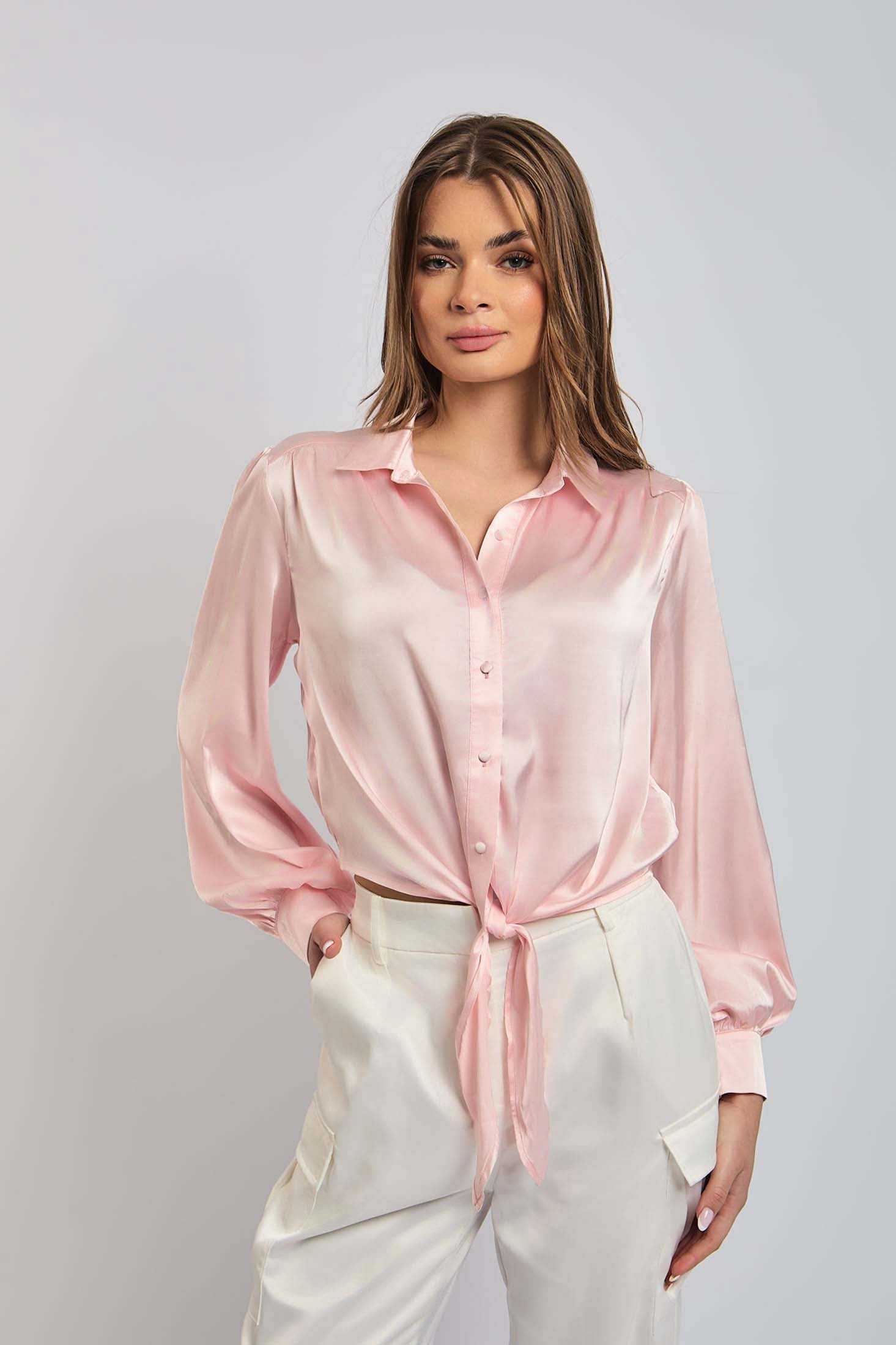 Women Blouse Cropped Knotted  Long Sleeves Pink