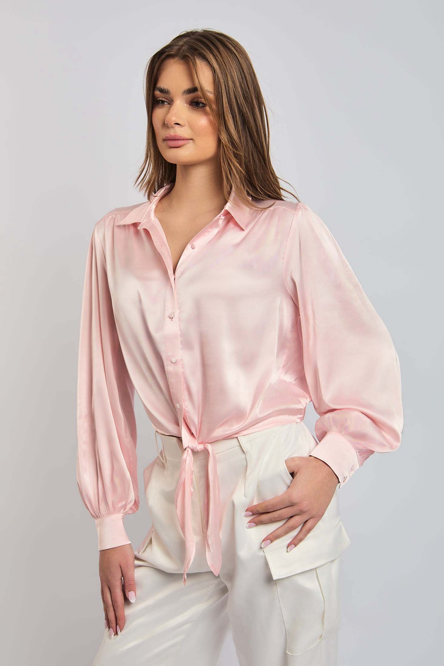 Women Blouse Cropped Knotted  Long Sleeves Pink