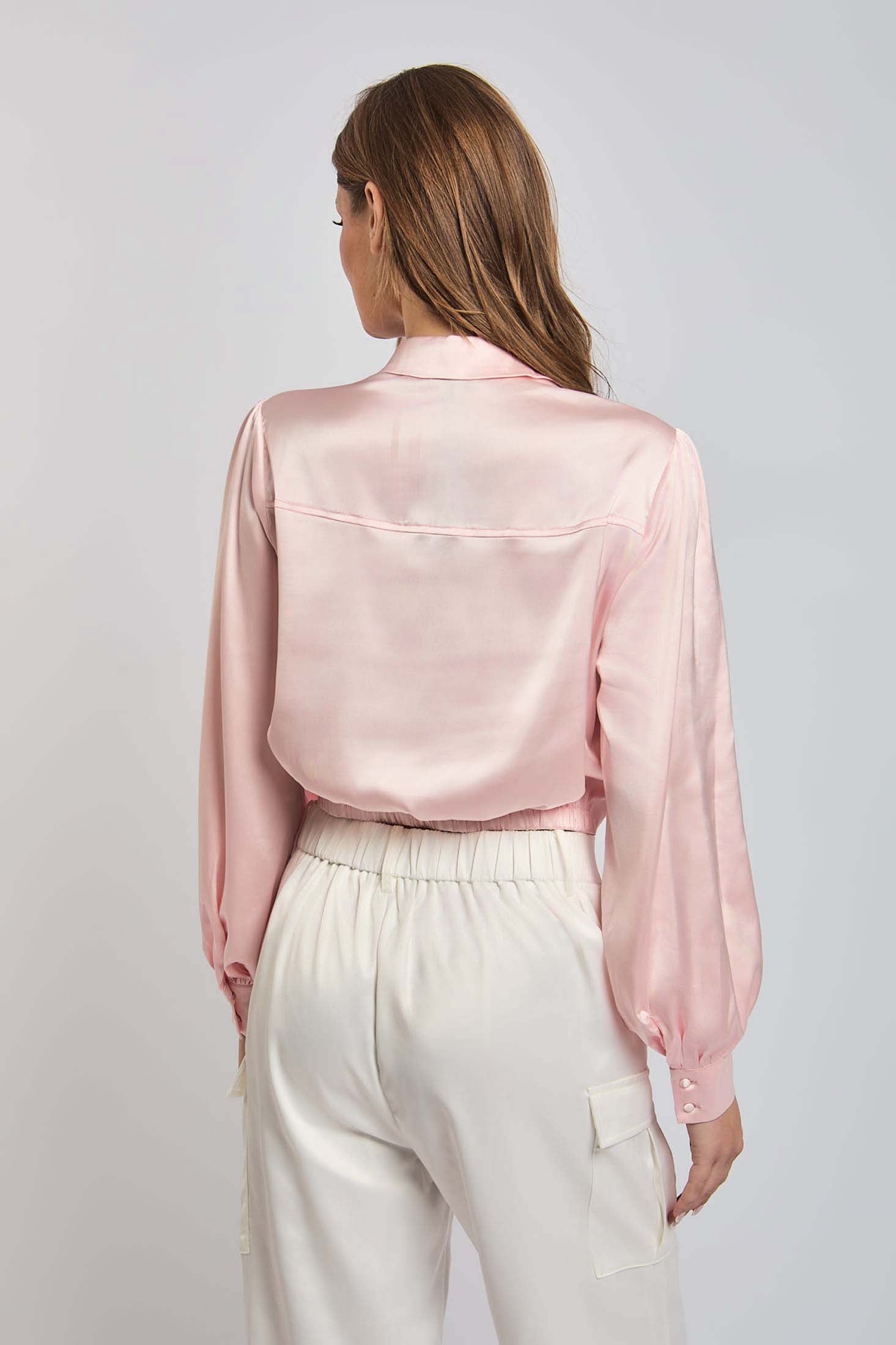 Women Blouse Cropped Knotted  Long Sleeves Pink