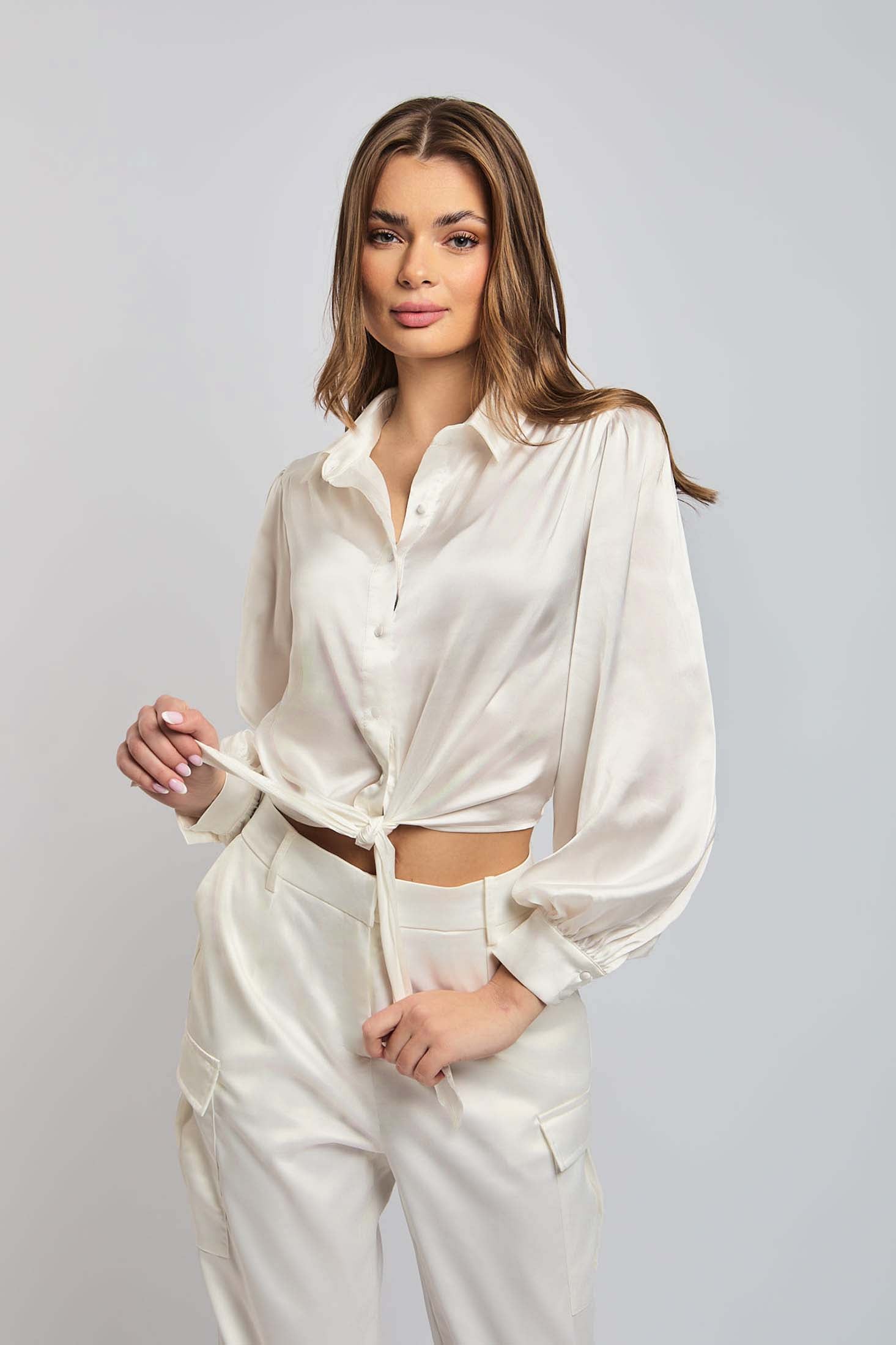 Women Blouse Cropped Blouse With Long Sleeves Off White