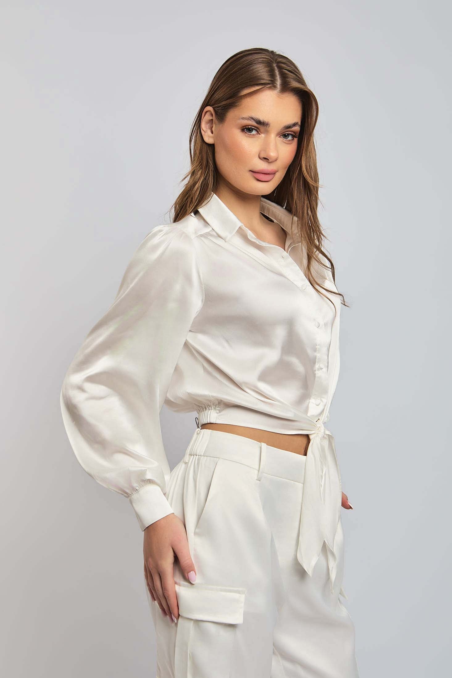 Women Blouse Cropped Blouse With Long Sleeves Off White