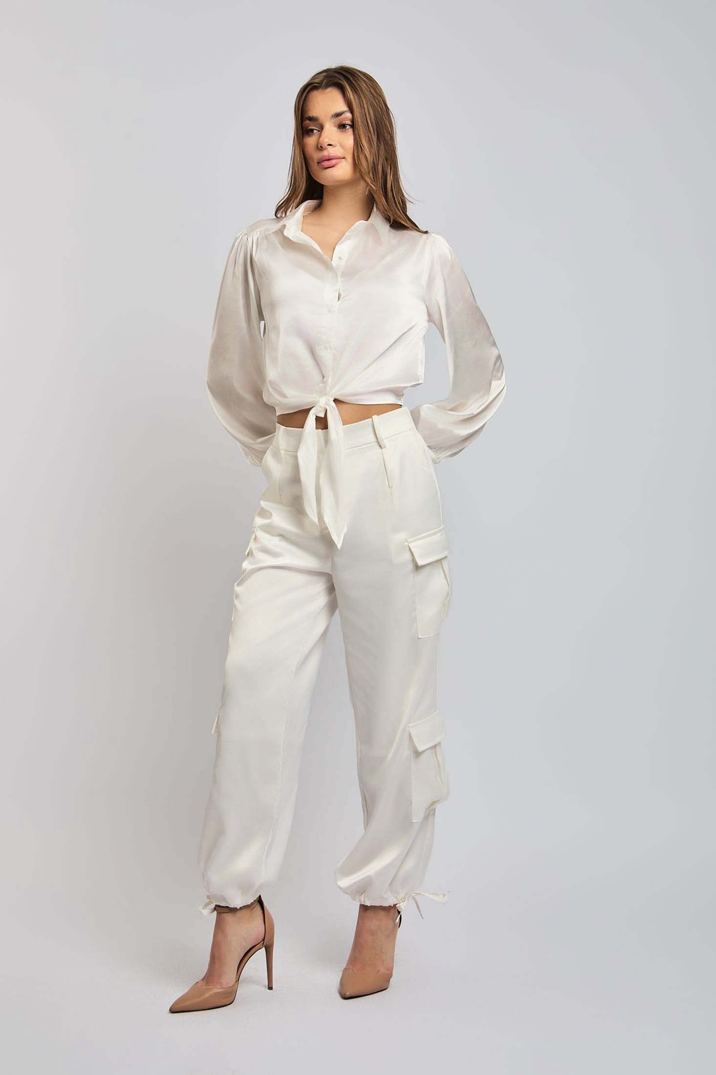 Women Blouse Cropped Blouse With Long Sleeves Off White