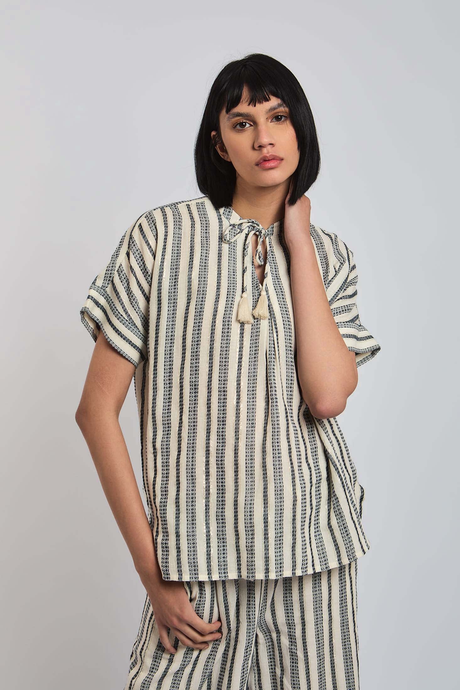 Women Blouse Short Sleeve Striped Multicolor