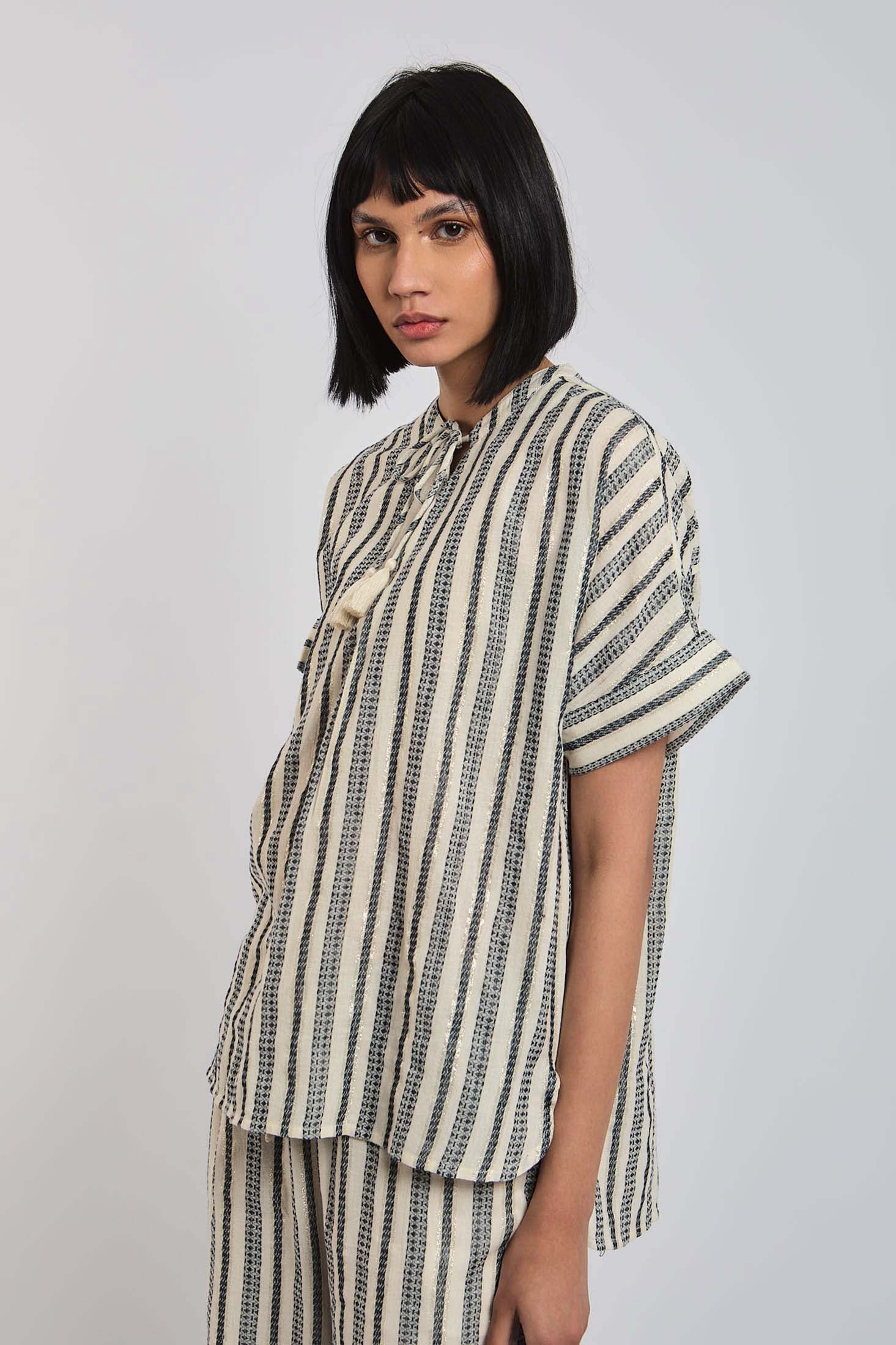 Women Blouse Short Sleeve Striped Multicolor