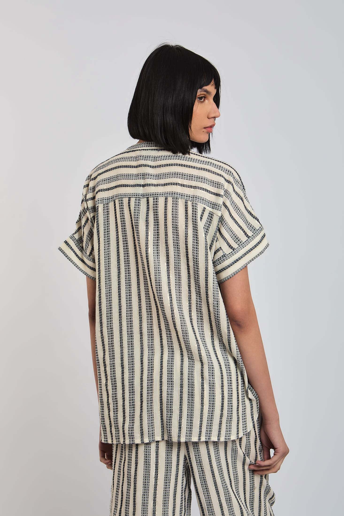 Women Blouse Short Sleeve Striped Multicolor