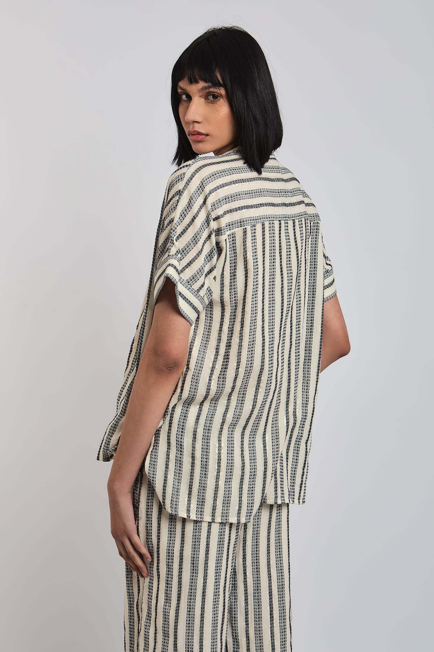 Women Blouse Short Sleeve Striped Multicolor