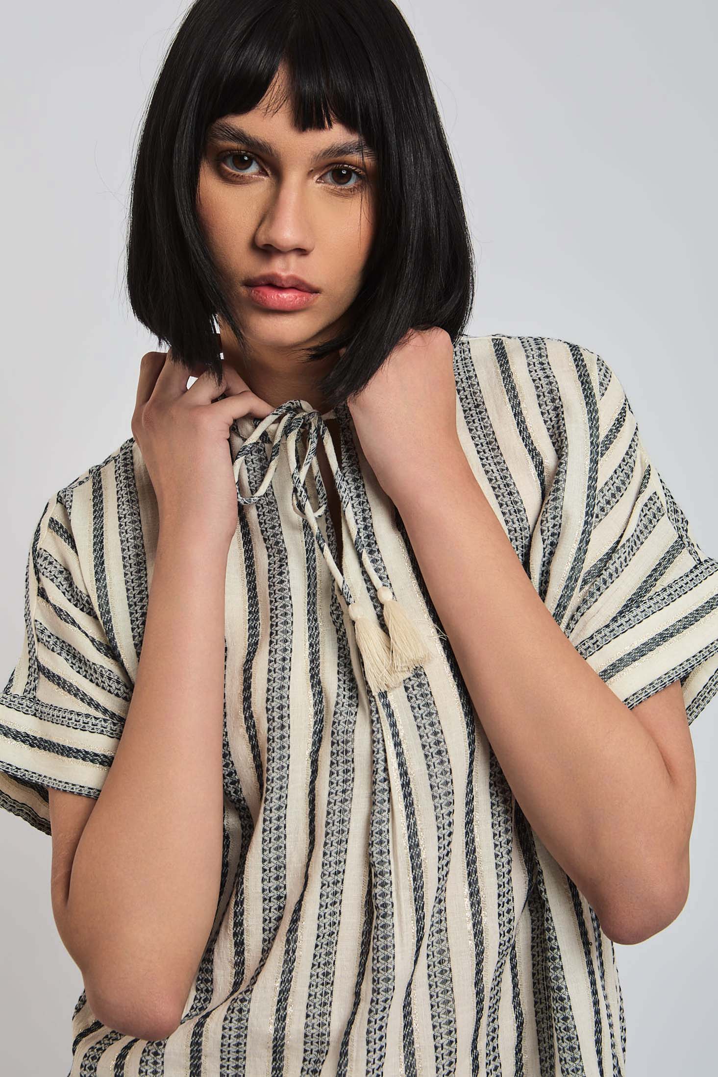 Women Blouse Short Sleeve Striped Multicolor