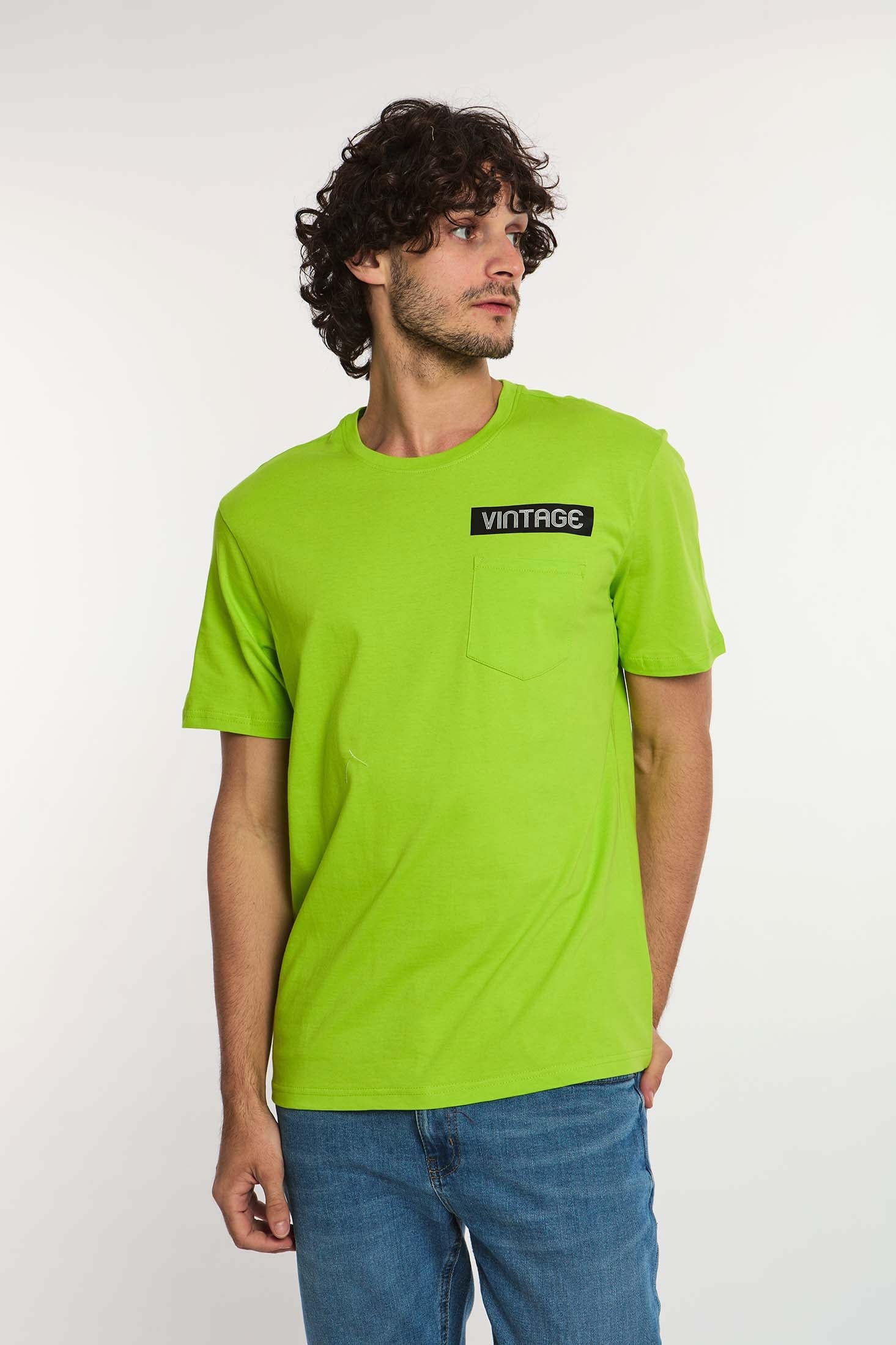 تي شيرت رجالي كاجوال بقصّة عادية من القطن مع جيب باللون الأصفر