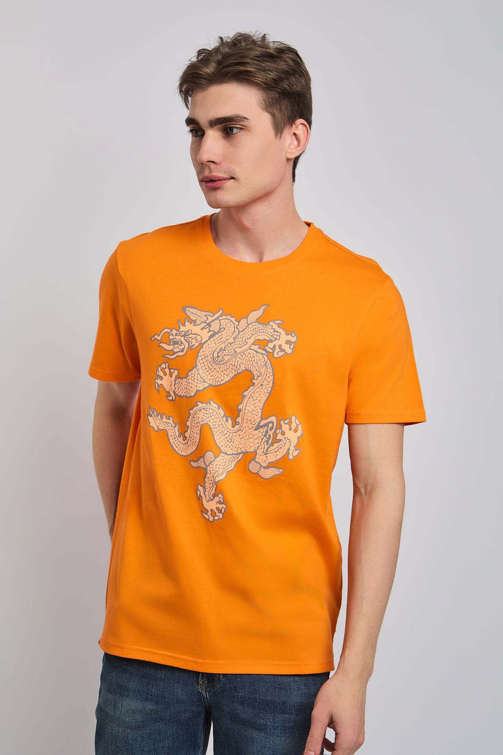MEN T-Shirt Casual Regular Fit Cotton  orange