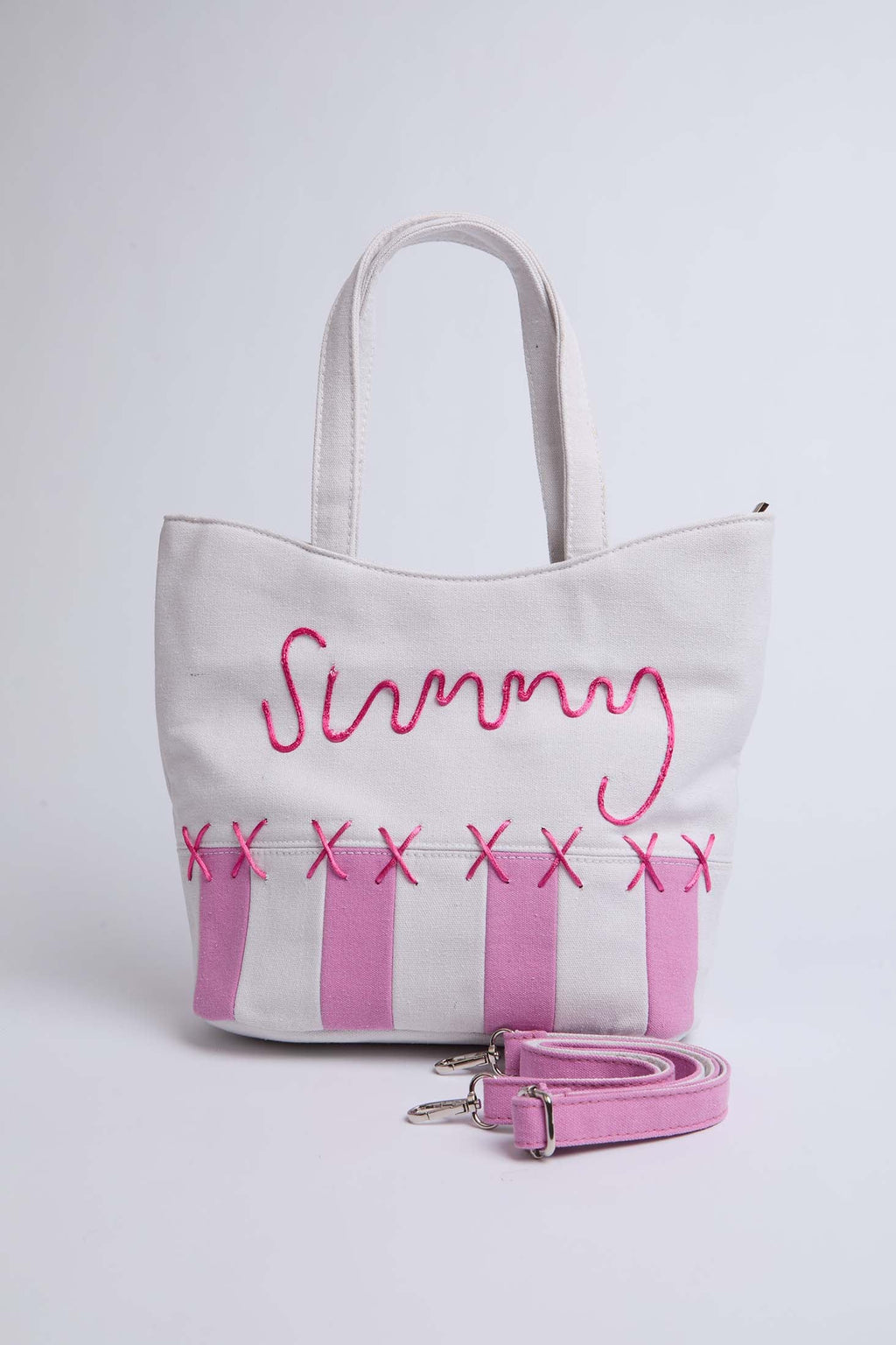 Women Bag  Two Tone Tote With Embroidered Pink