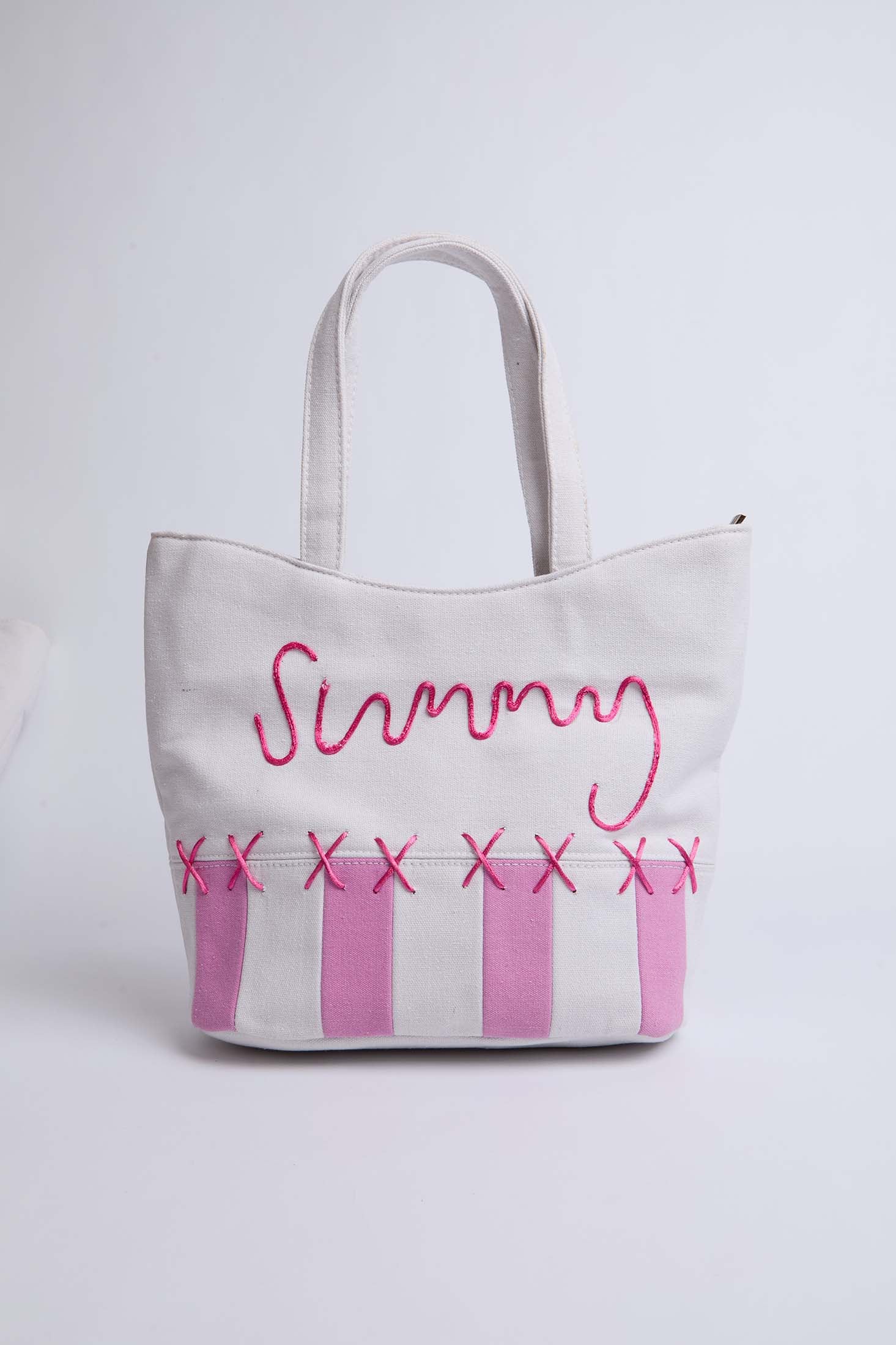 Women Bag  Two Tone Tote With Embroidered Pink