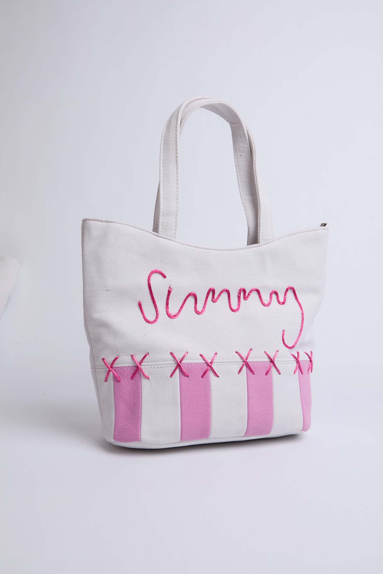 Women Bag  Two Tone Tote With Embroidered Pink