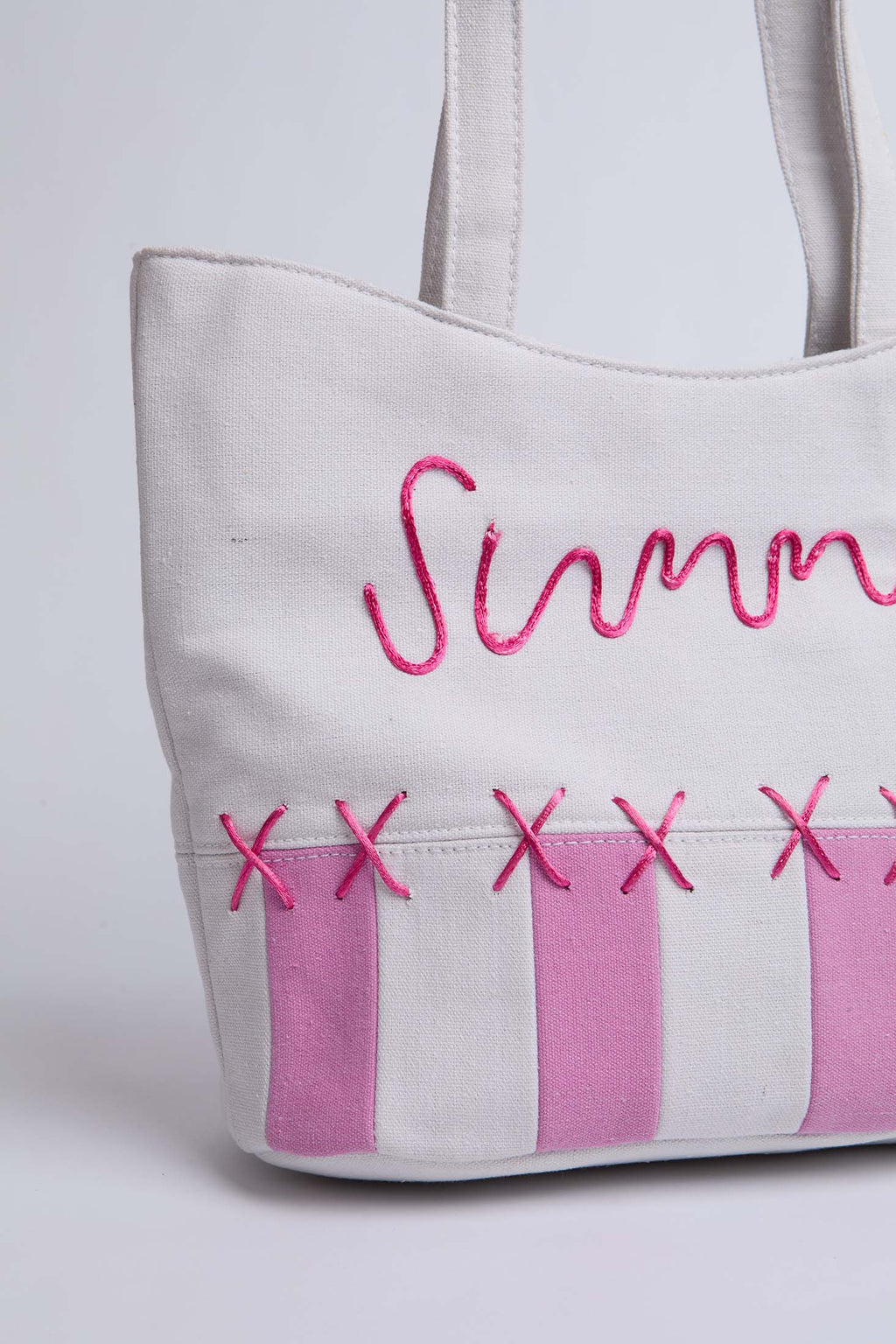 Women Bag  Two Tone Tote With Embroidered Pink