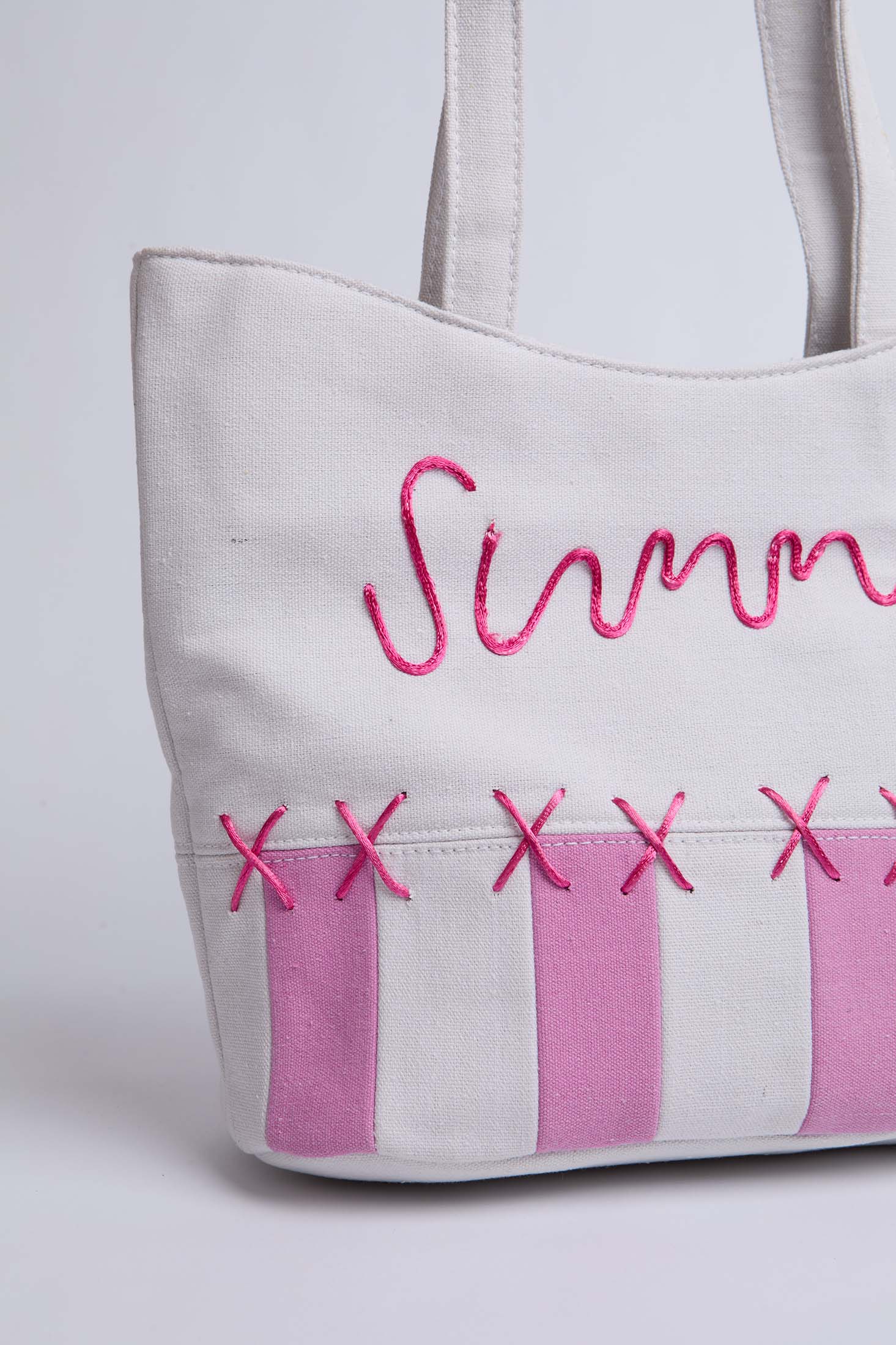 Women Bag  Two Tone Tote With Embroidered Pink