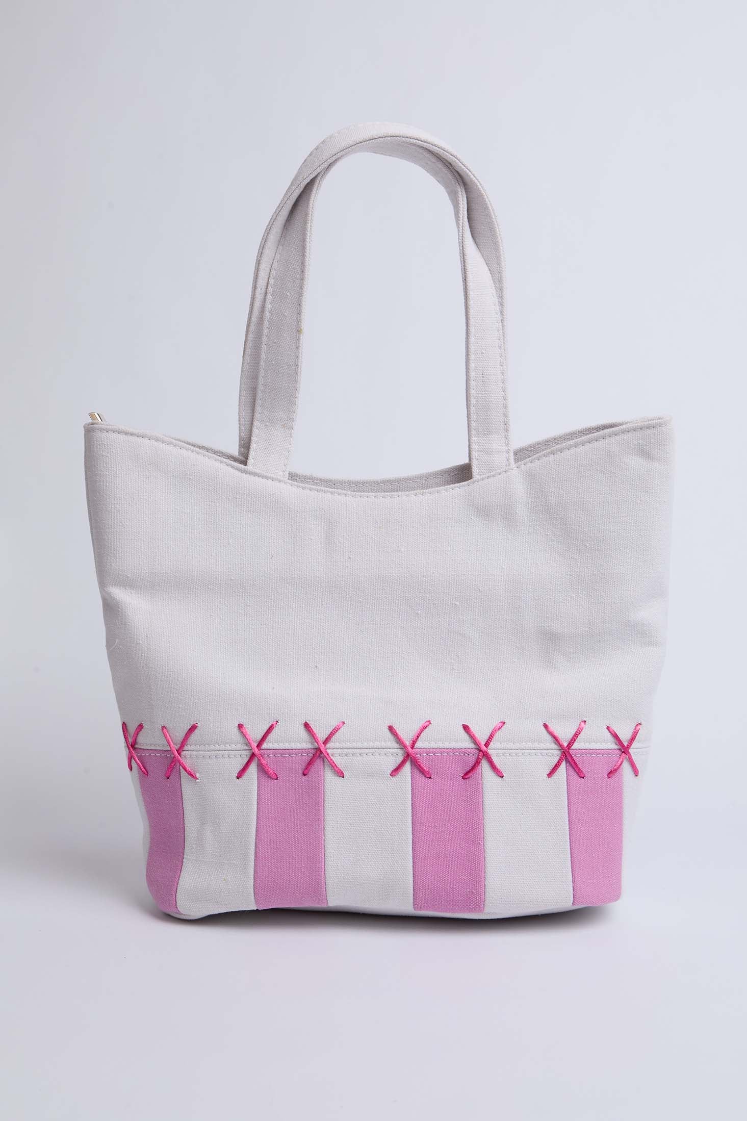 Women Bag  Two Tone Tote With Embroidered Pink