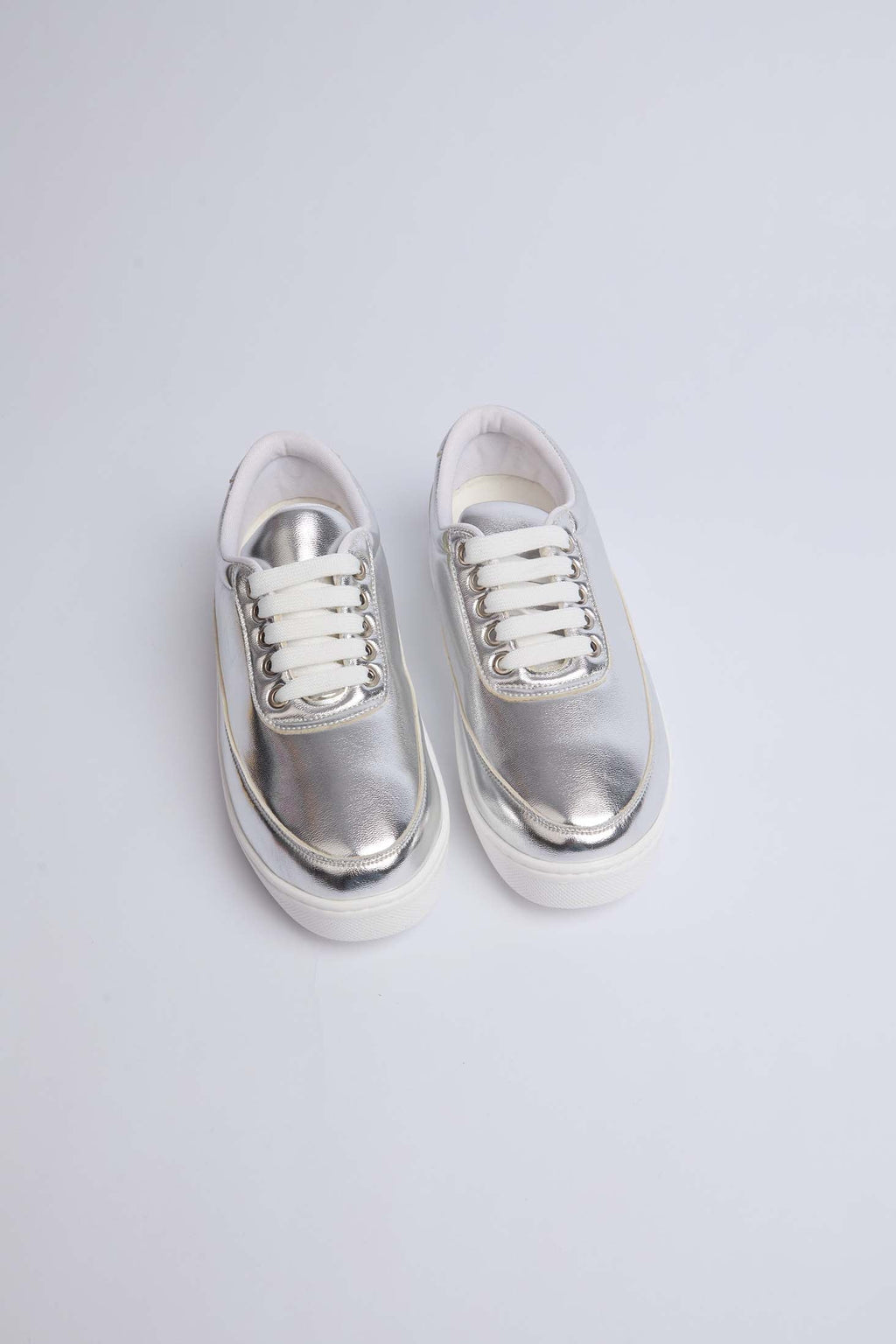 Women-Shoes Faux Leather Lace-Up Sneakers Silver