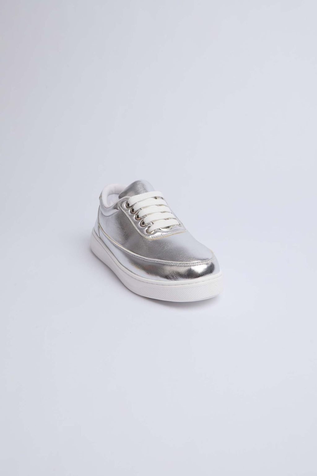 Women-Shoes Faux Leather Lace-Up Sneakers Silver