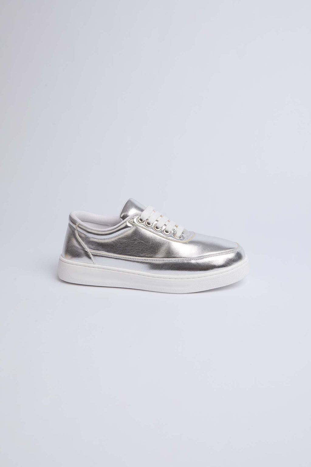 Women-Shoes Faux Leather Lace-Up Sneakers Silver