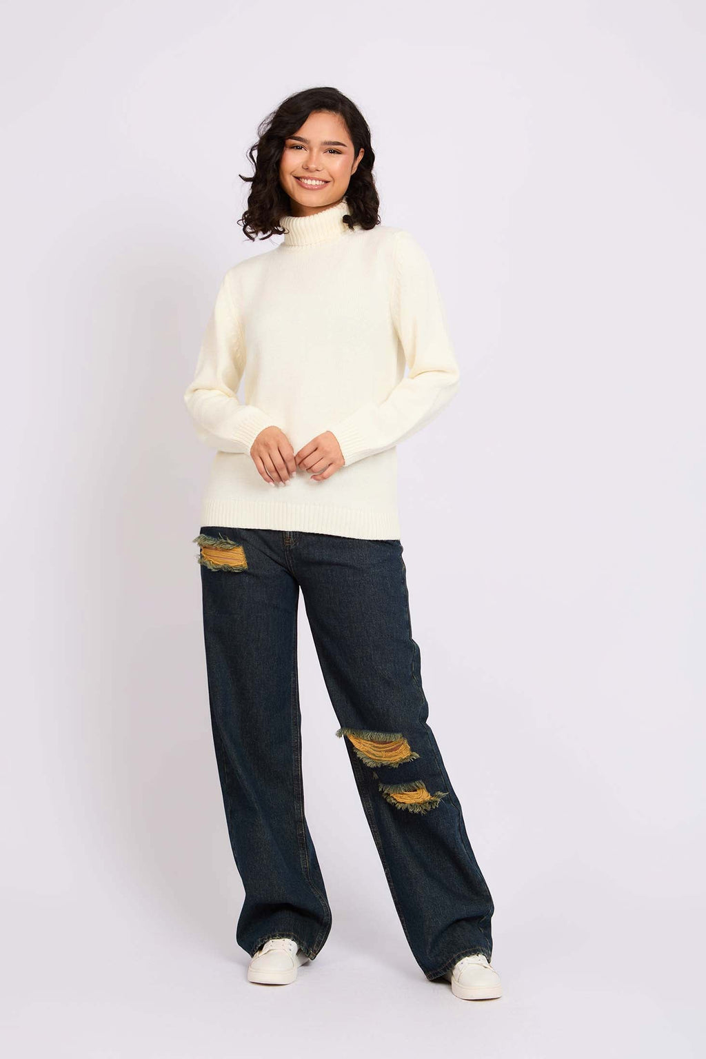 Women Pullover Loose Fit High NeckOff White