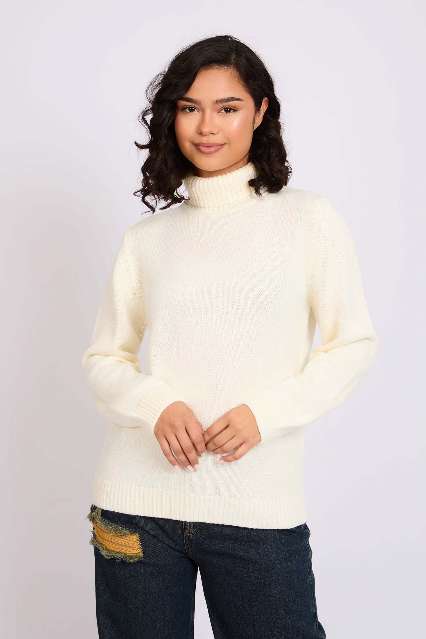 Women Pullover Loose Fit High NeckOff White