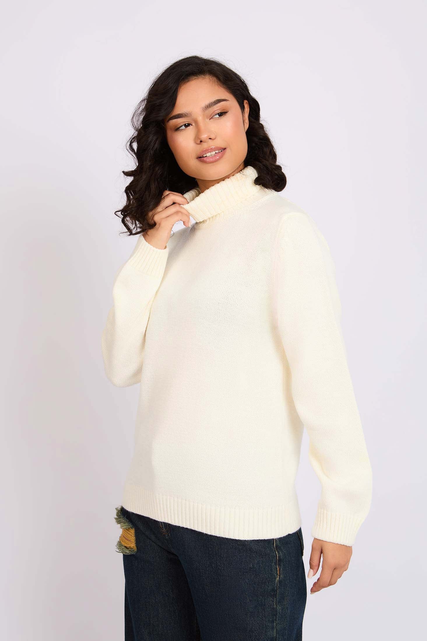 Women Pullover Loose Fit High NeckOff White