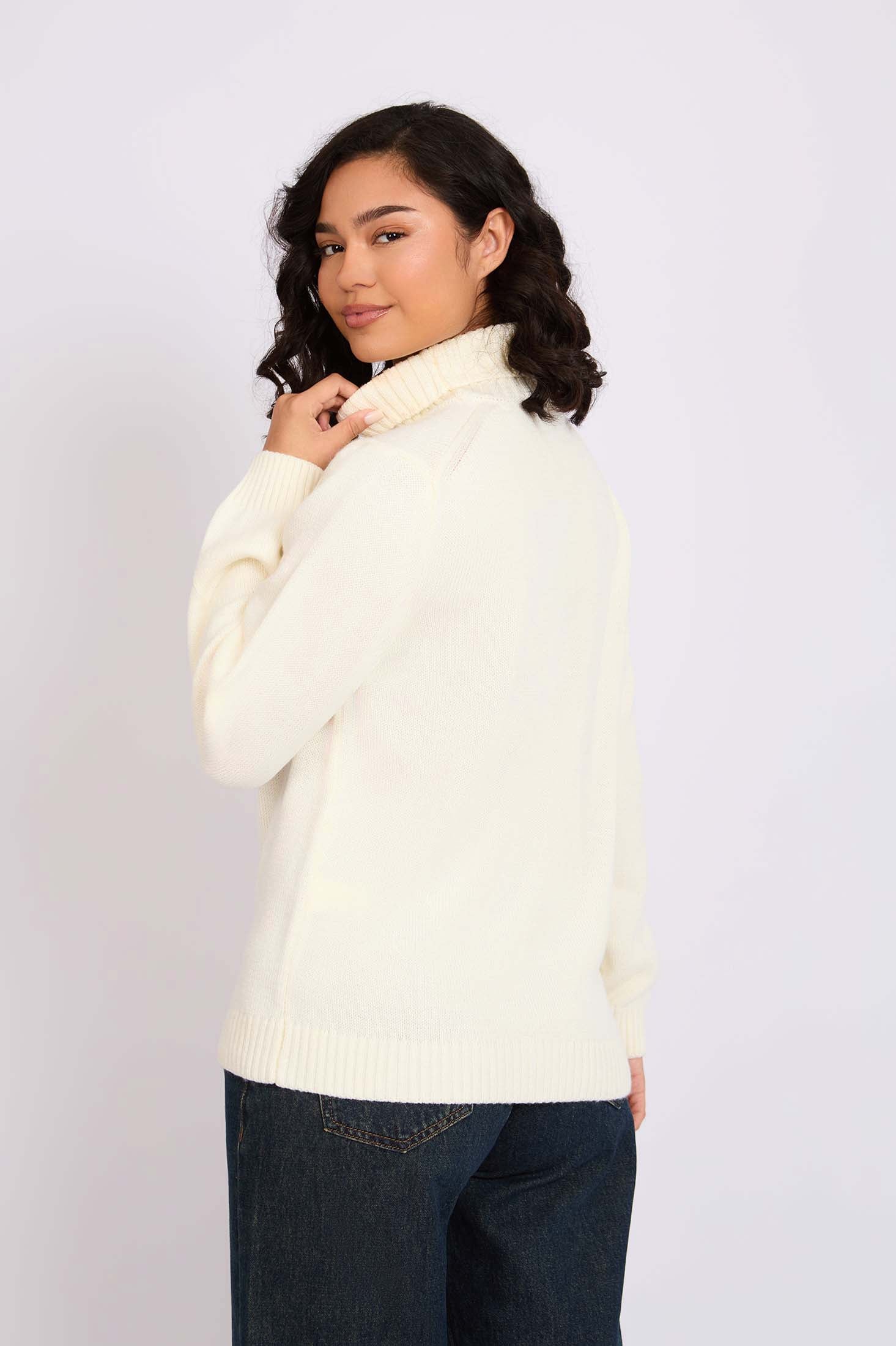 Women Pullover Loose Fit High NeckOff White