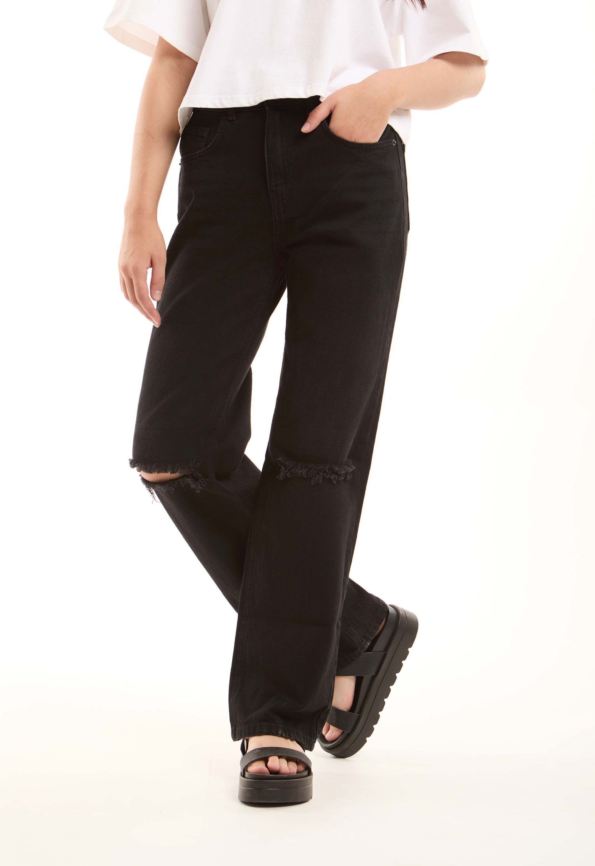 Ripped Straight-Leg Denim Pants