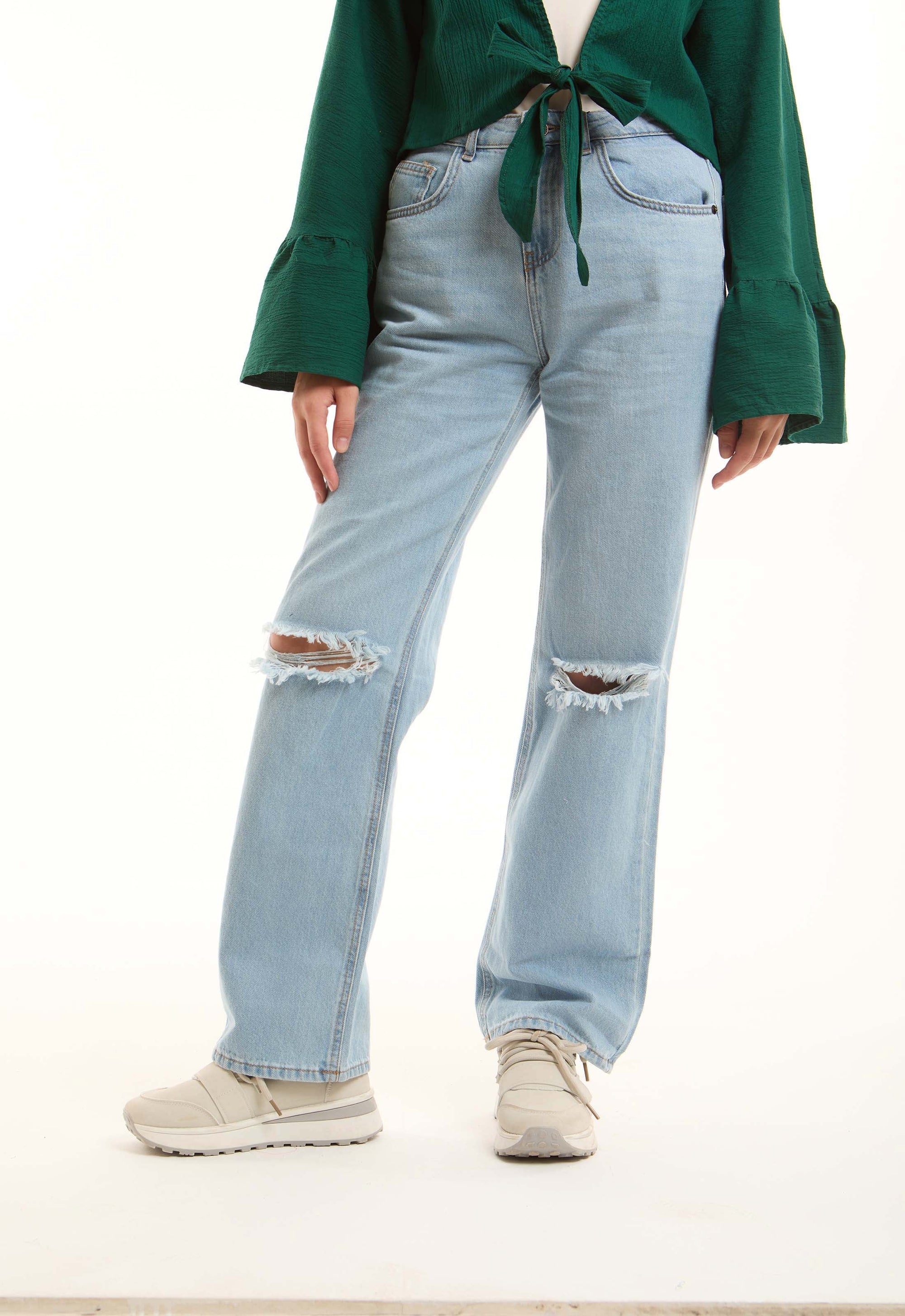 Ripped Straight-Leg Denim Pants