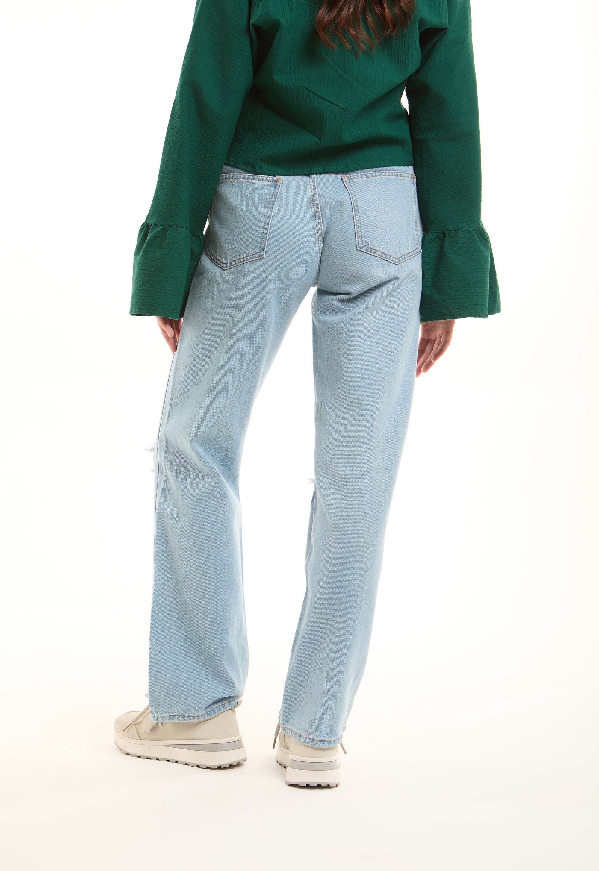 Ripped Straight-Leg Denim Pants