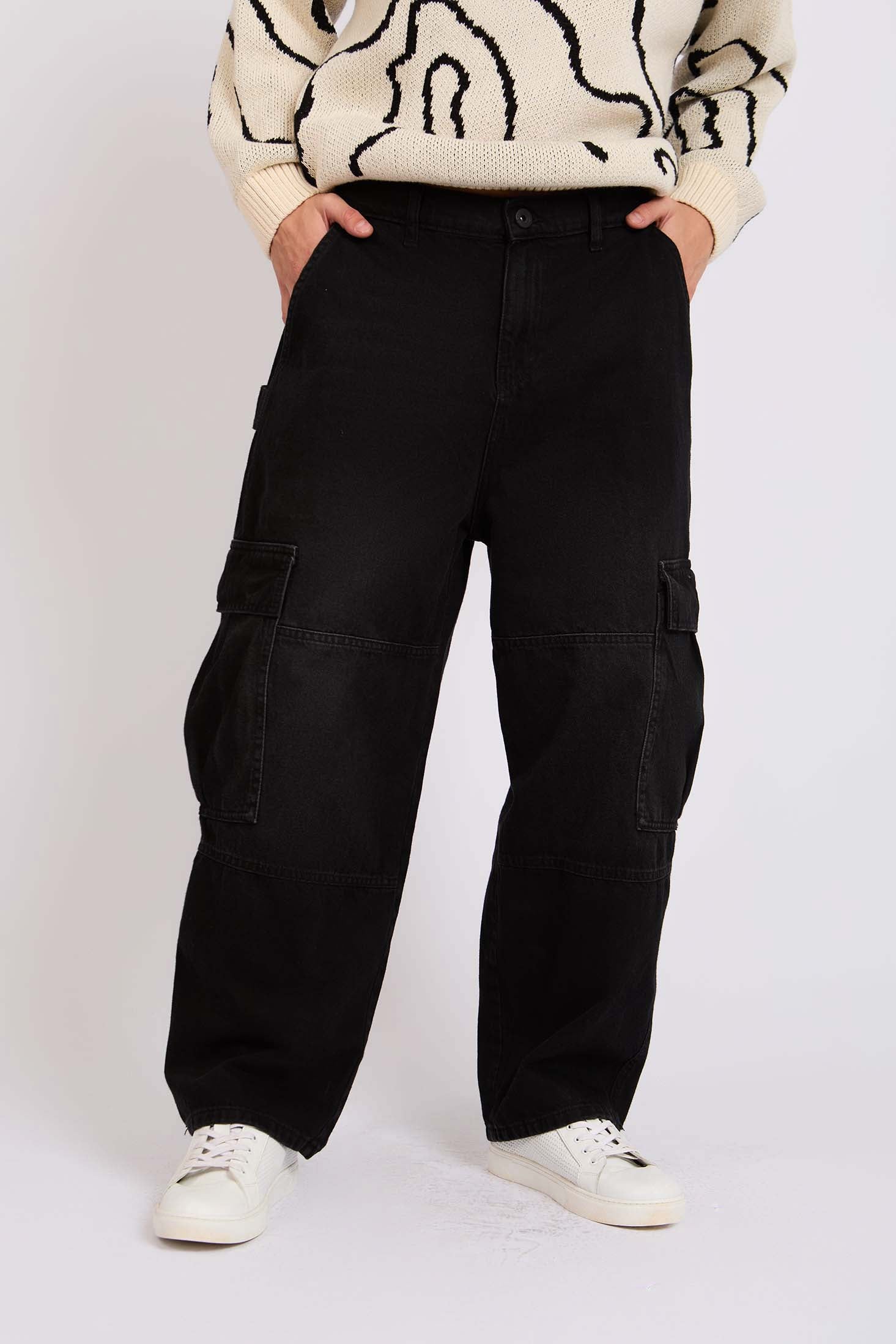 Men Baggy Skater Cargo Denim Pant Black