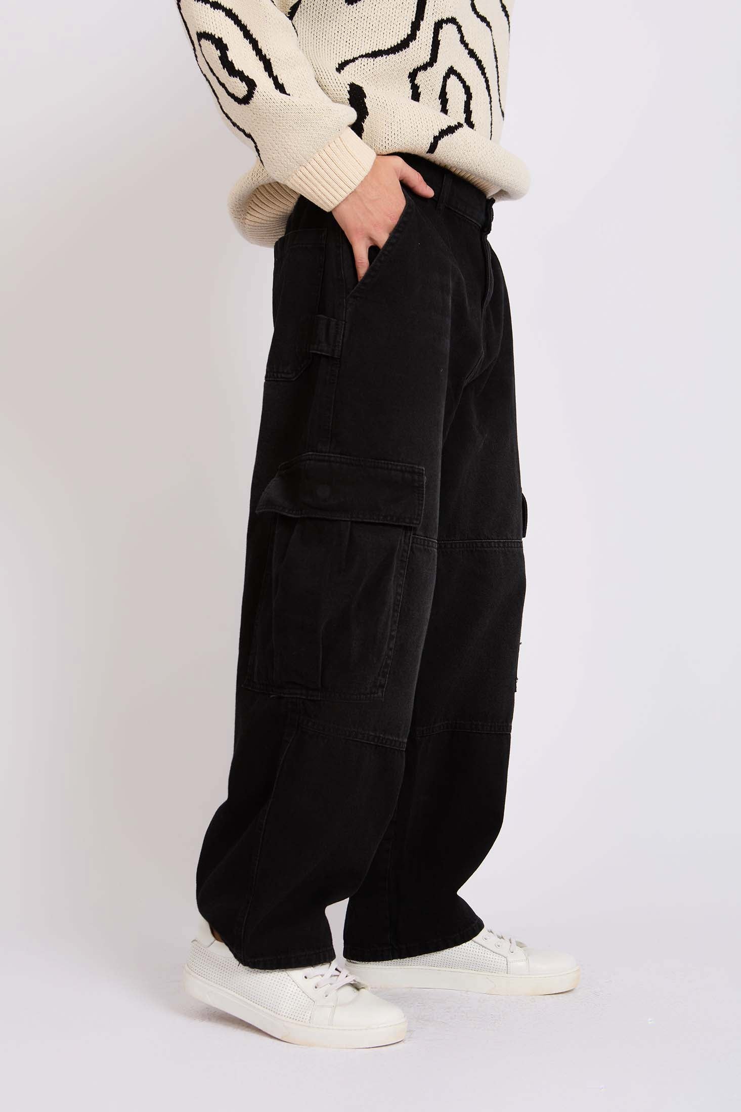 Men Baggy Skater Cargo Denim Pant Black