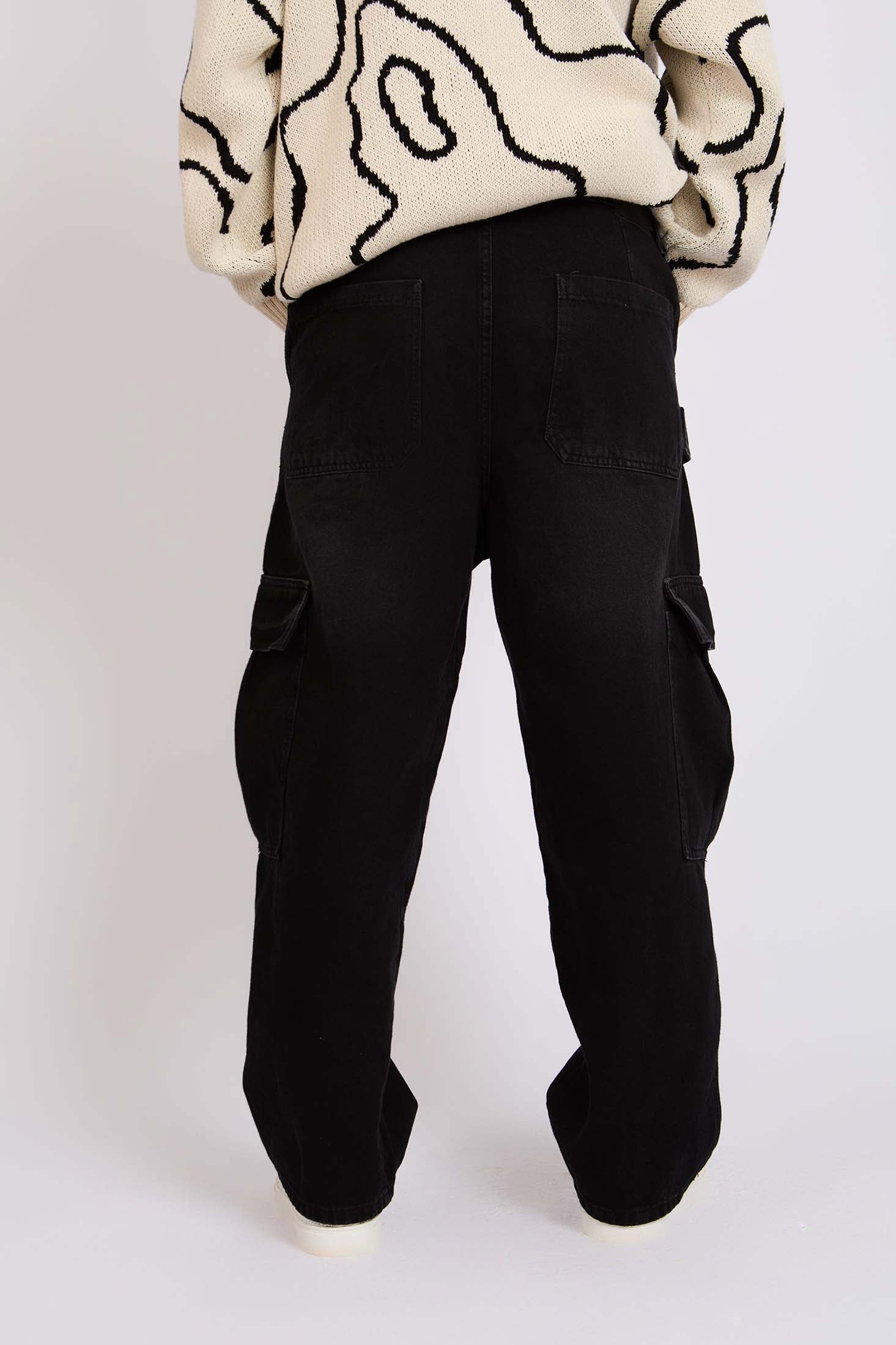 Men Baggy Skater Cargo Denim Pant Black