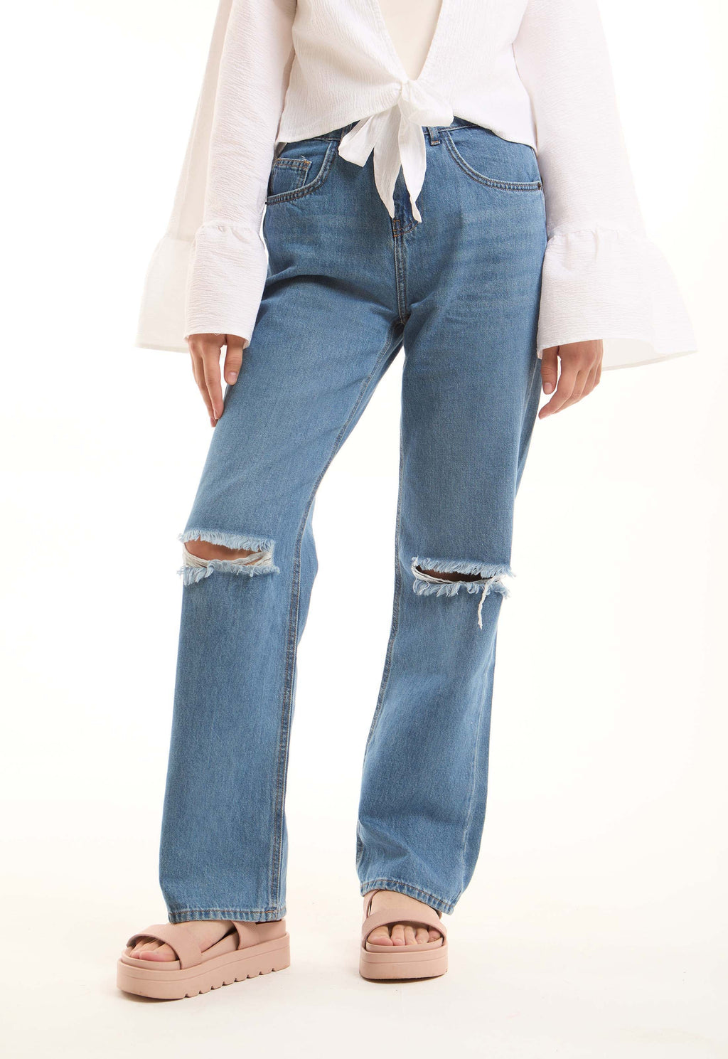 Ripped Straight-Leg Denim Pants