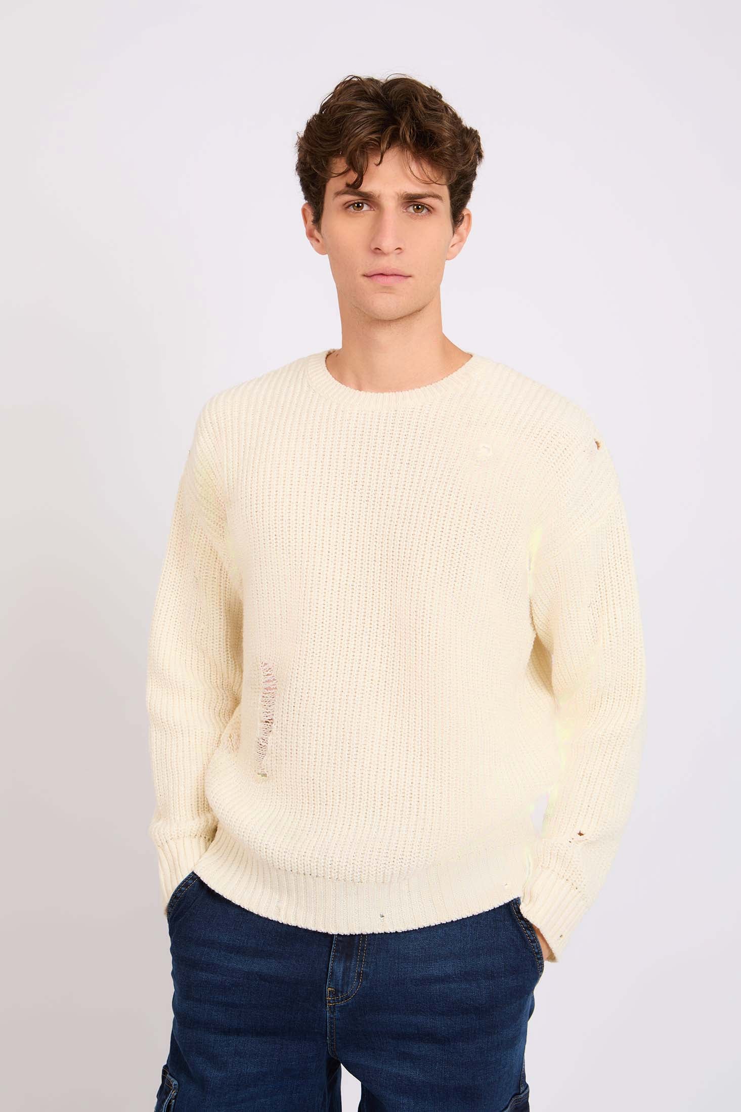 Men Pullover Destroyed Loose Off White