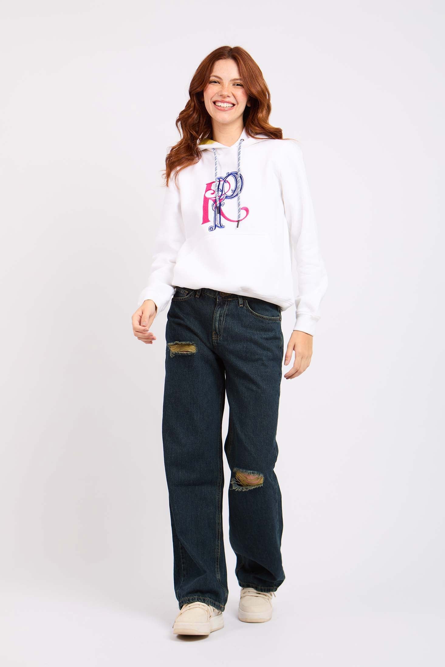 Women Sweat Shirt Regular Fit Printed Hoodie White