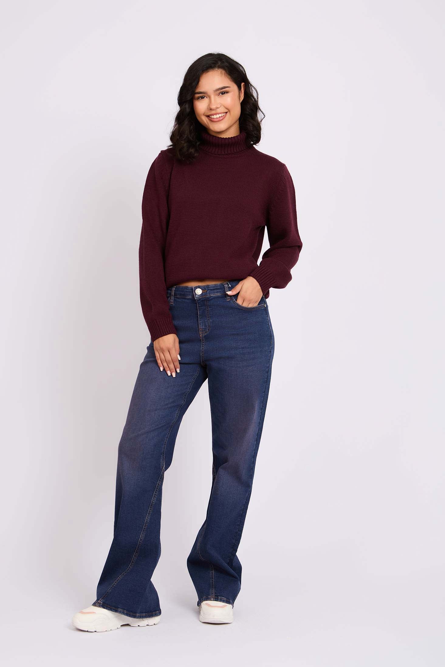 Women Burgundy  Wide Leg Overstitch Denim Pant