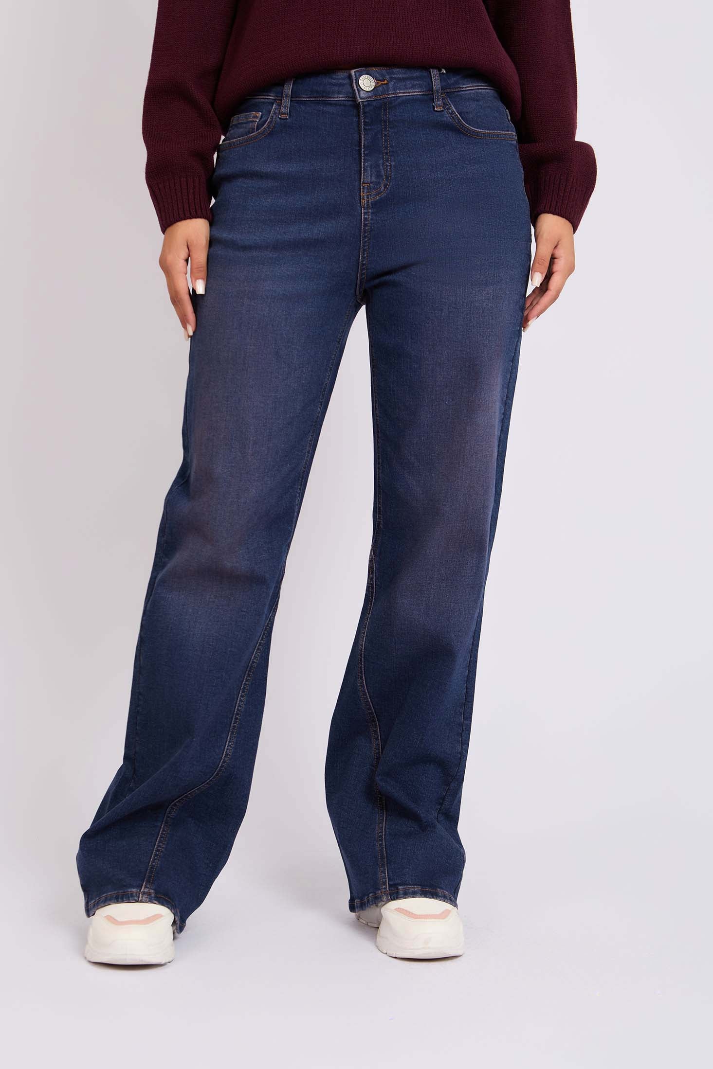 Women Burgundy  Wide Leg Overstitch Denim Pant