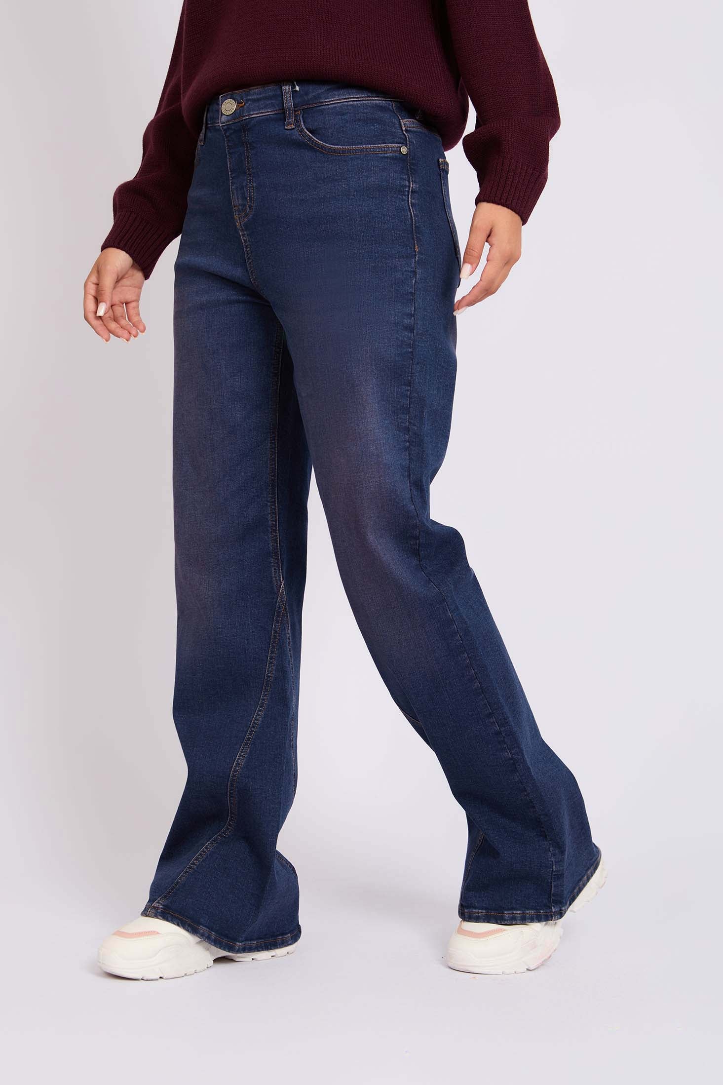 Women Burgundy  Wide Leg Overstitch Denim Pant