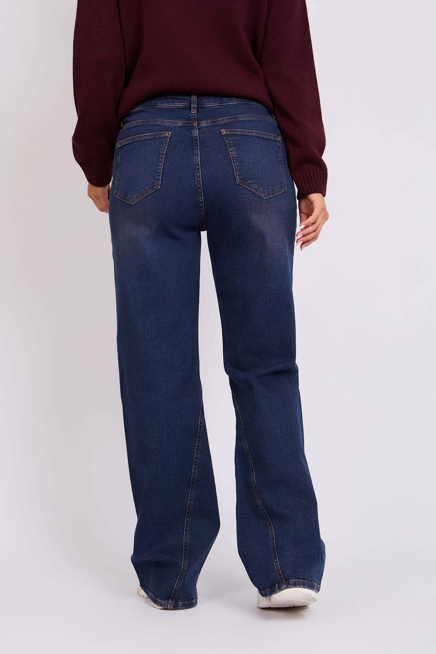 Women Burgundy  Wide Leg Overstitch Denim Pant