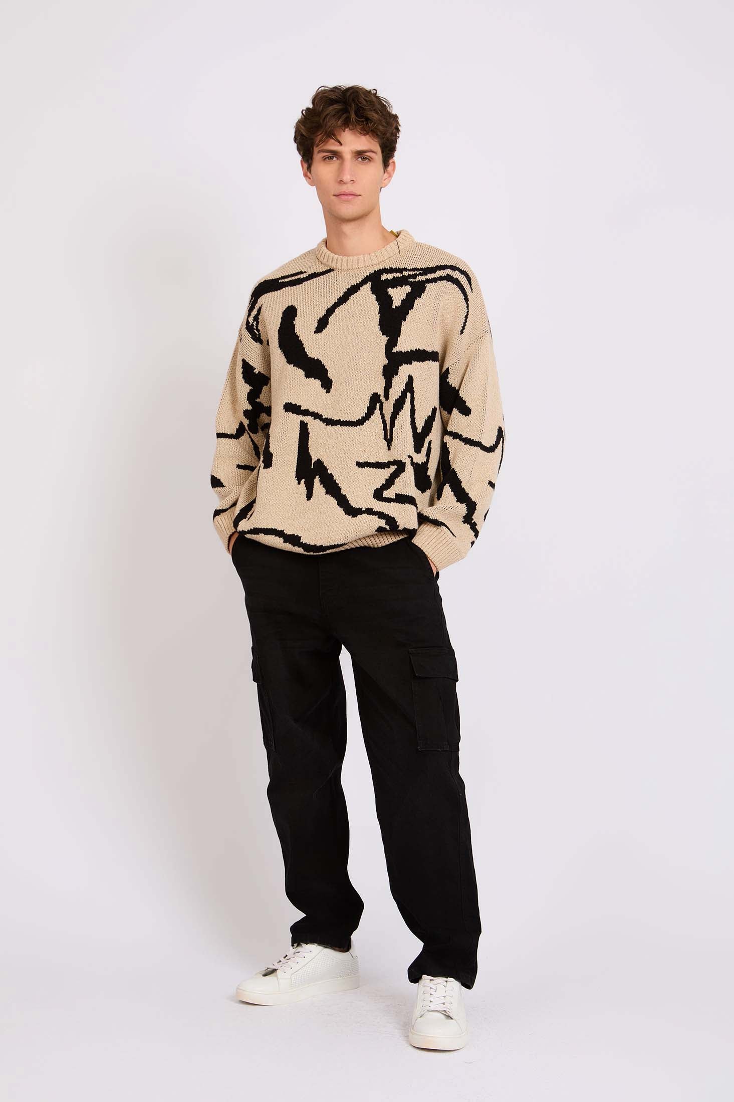 Men Sweat Shirt Loose Fit Hoodie Printed Beige