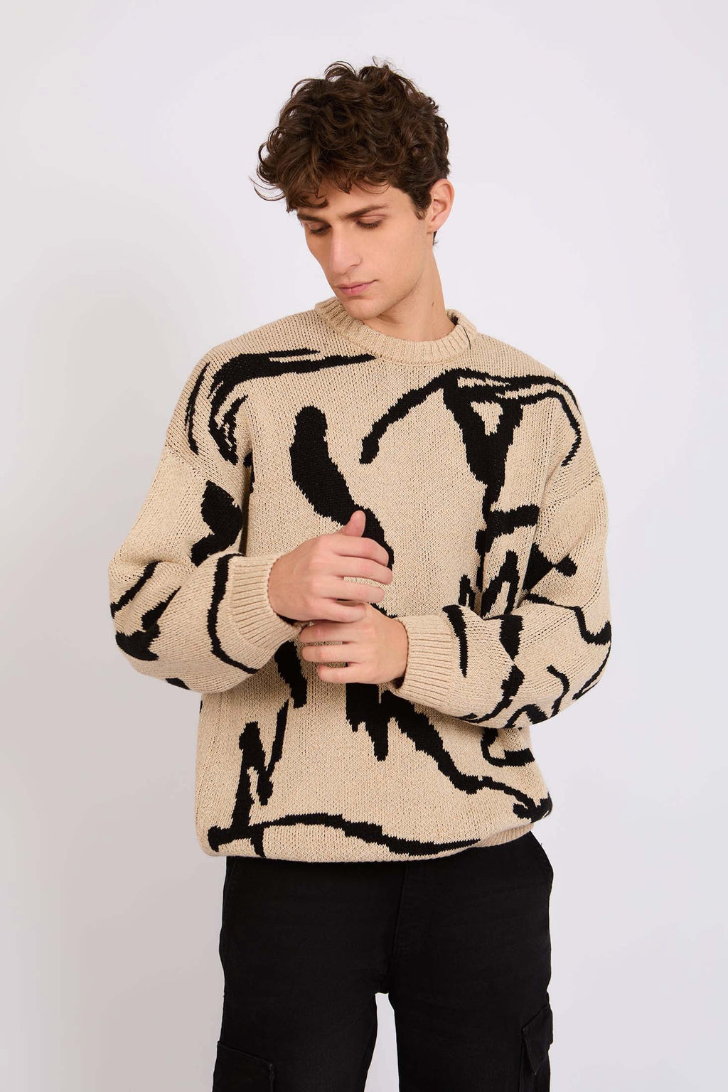 Men Sweat Shirt Loose Fit Hoodie Printed Beige