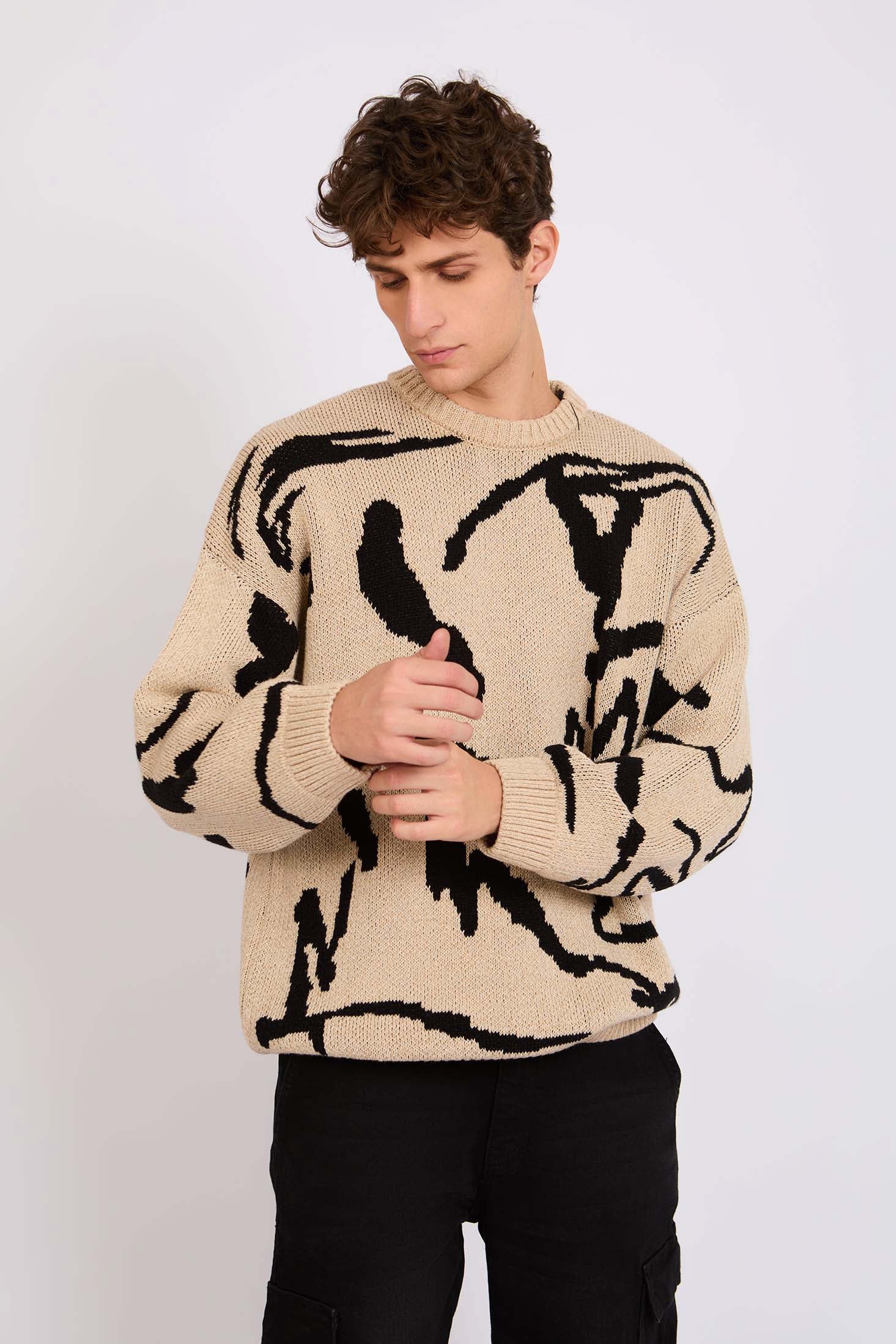 Men Sweat Shirt Loose Fit Hoodie Printed Beige